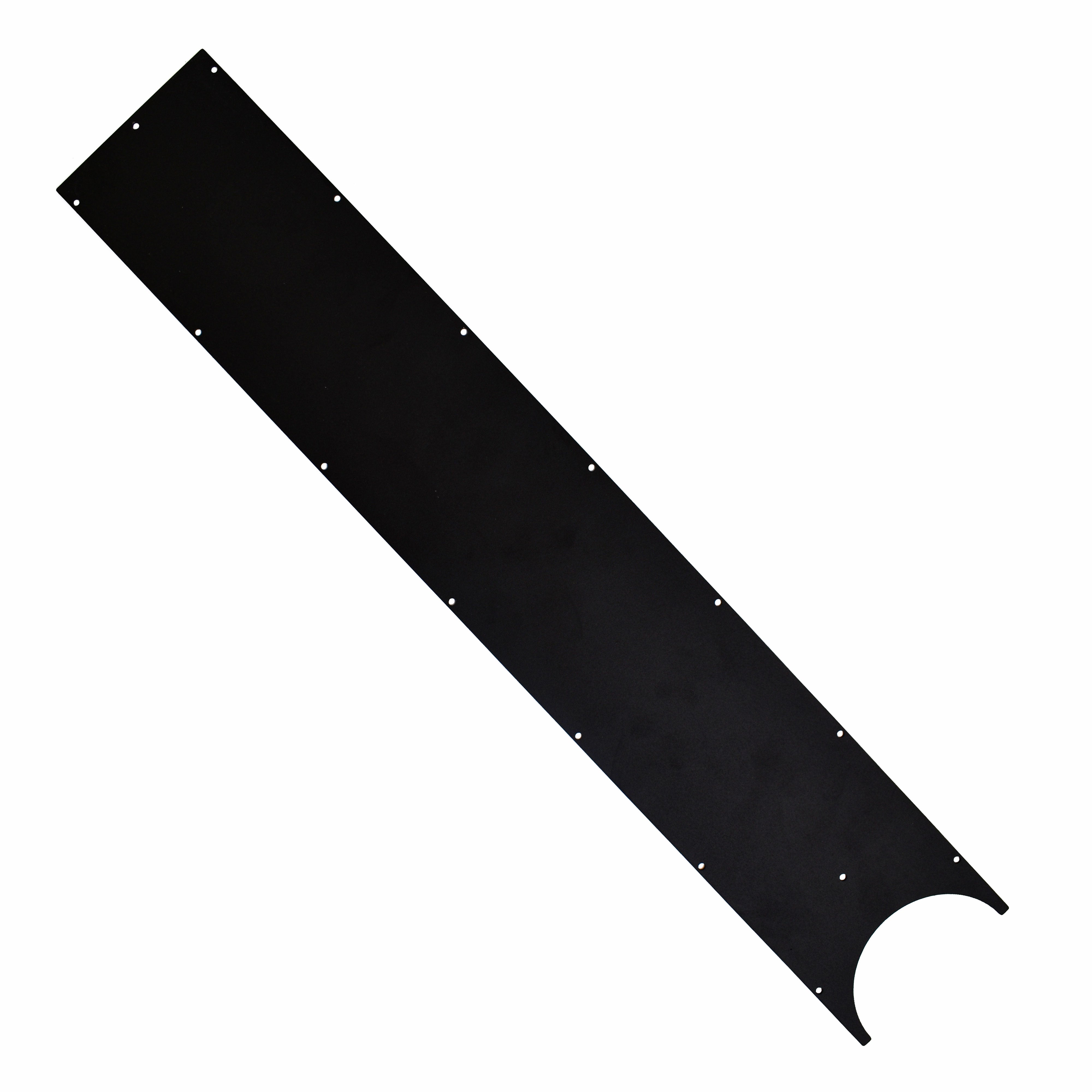 Black metal bottom cover for an electric scooter with visible screws and mounting points.