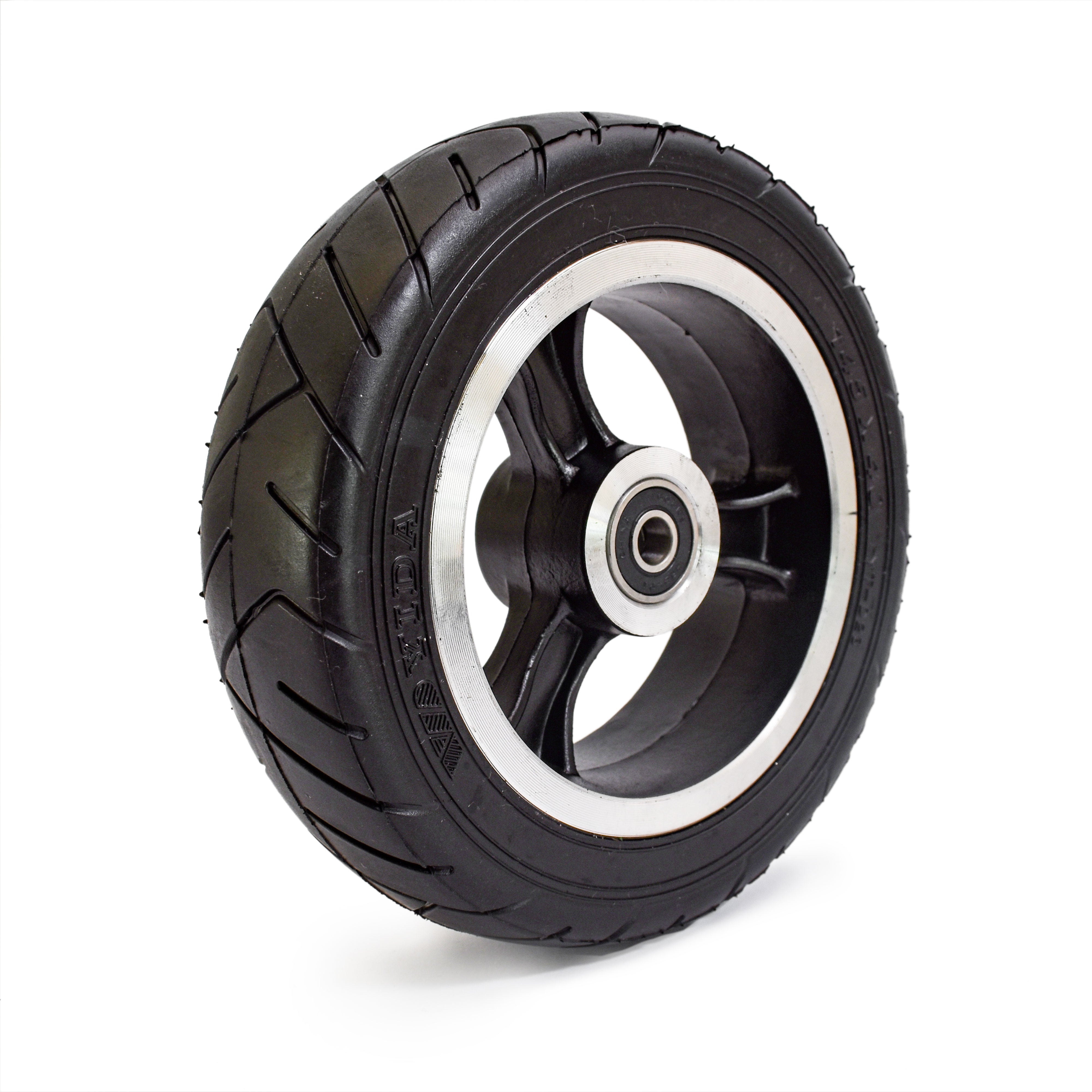 Replacement front wheel for a 6 inch Eco and Flex Electric Scooter, featuring a solid black tire and a black hub.