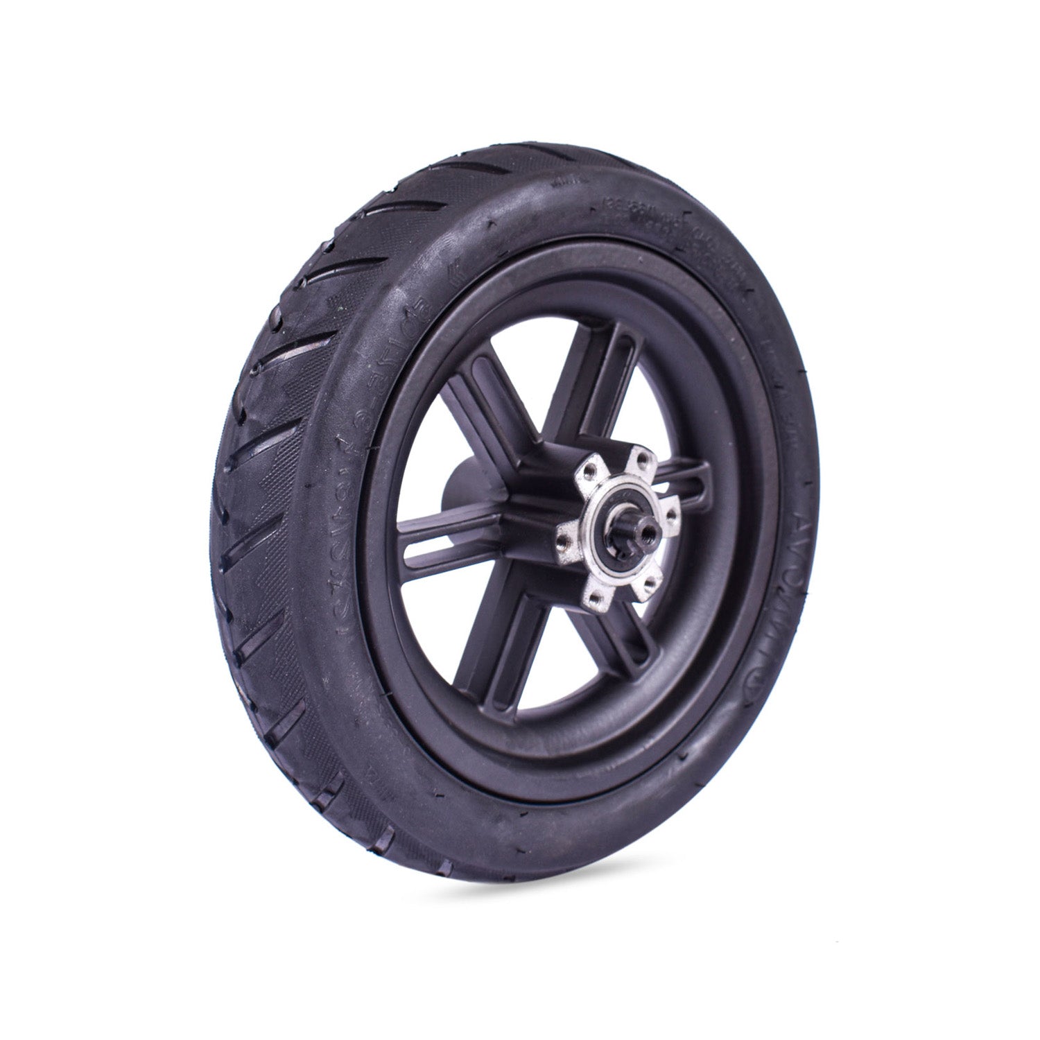 Replacement rear wheel for an electric scooter, complete with tire and inner tube, but without a brake rotor.