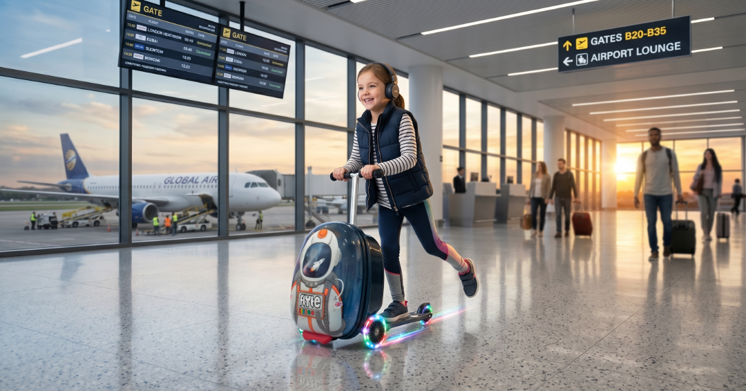 A child scooting through the airport on her Sammie the Spaceman Scooter suitcase