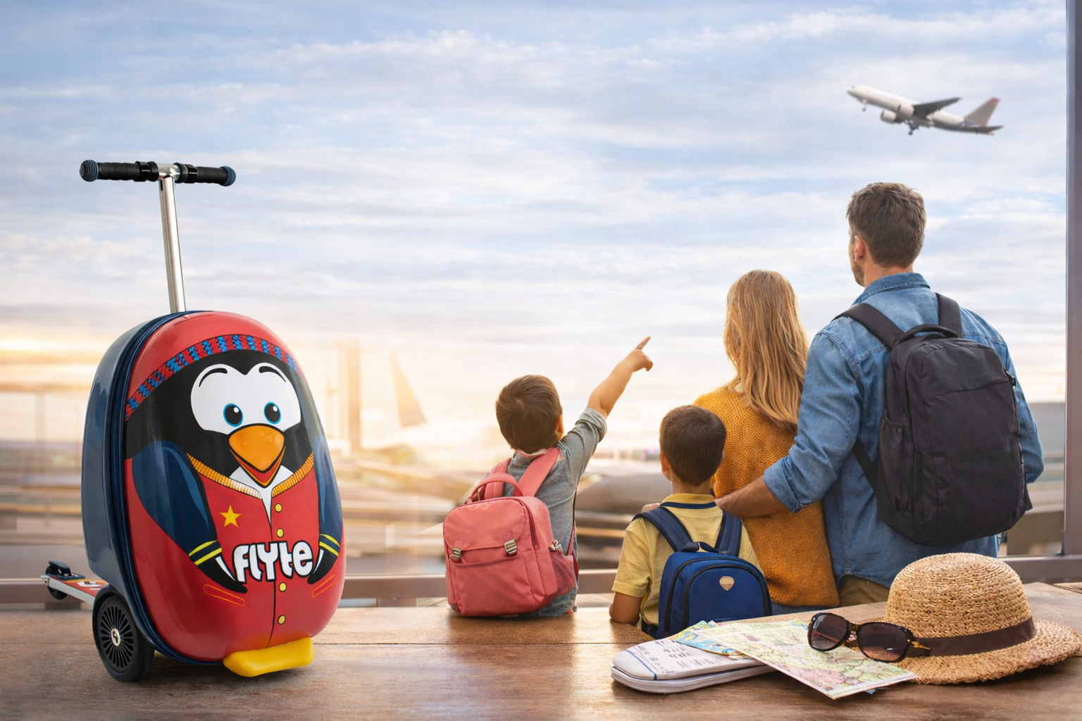 A Flyte Scooter Suitcase with the penguin design in an airport. Behind the scooter is a family watching Planes take off.
