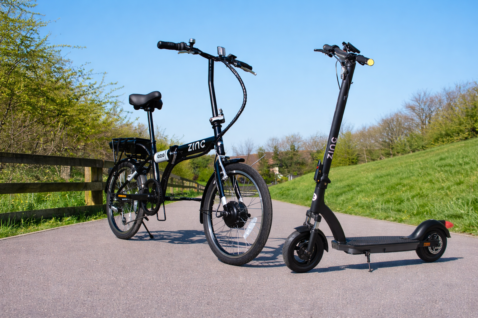 Zinc Adults electric scooter electric model and a Zinc Electric Bike for adults outside.