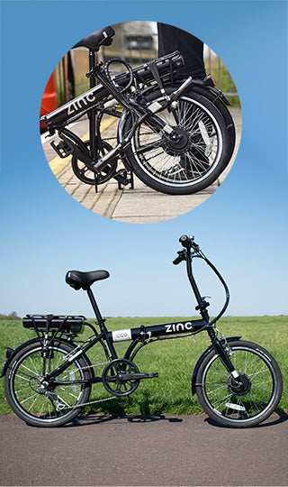 Zinc electric bike for adults. Demonstrating the foldable design.