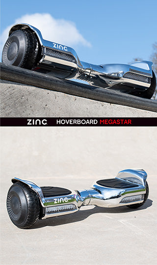 Zinc electric hoverboard in a metallic silver design.