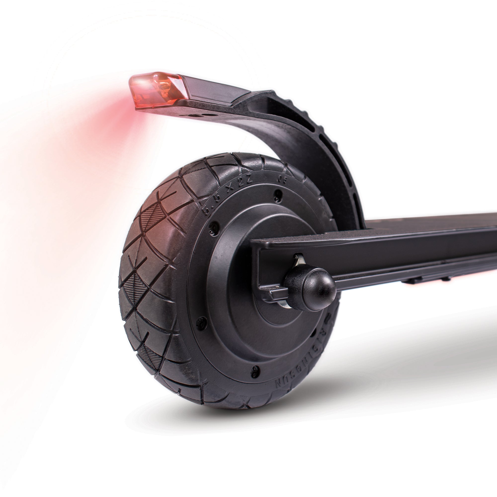 Close up of electric scooter wheel with light feature on the brake.