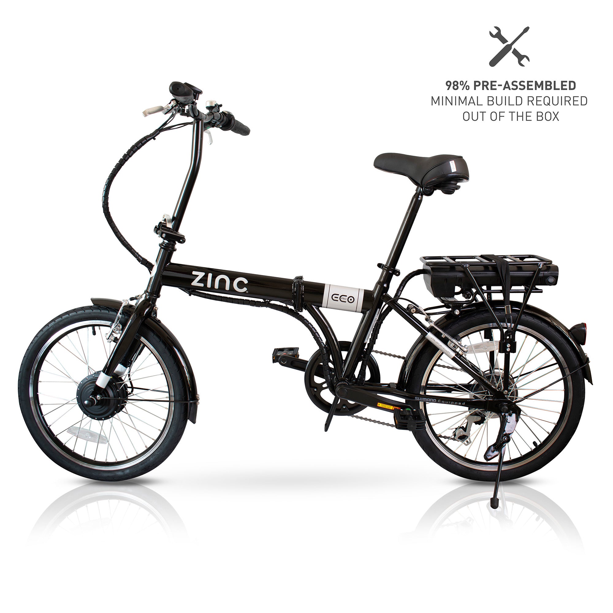 Zinc Folding Electric Eco Pro Bike with 250W motor, 6-speed Shimano gears, and 34.2-mile range