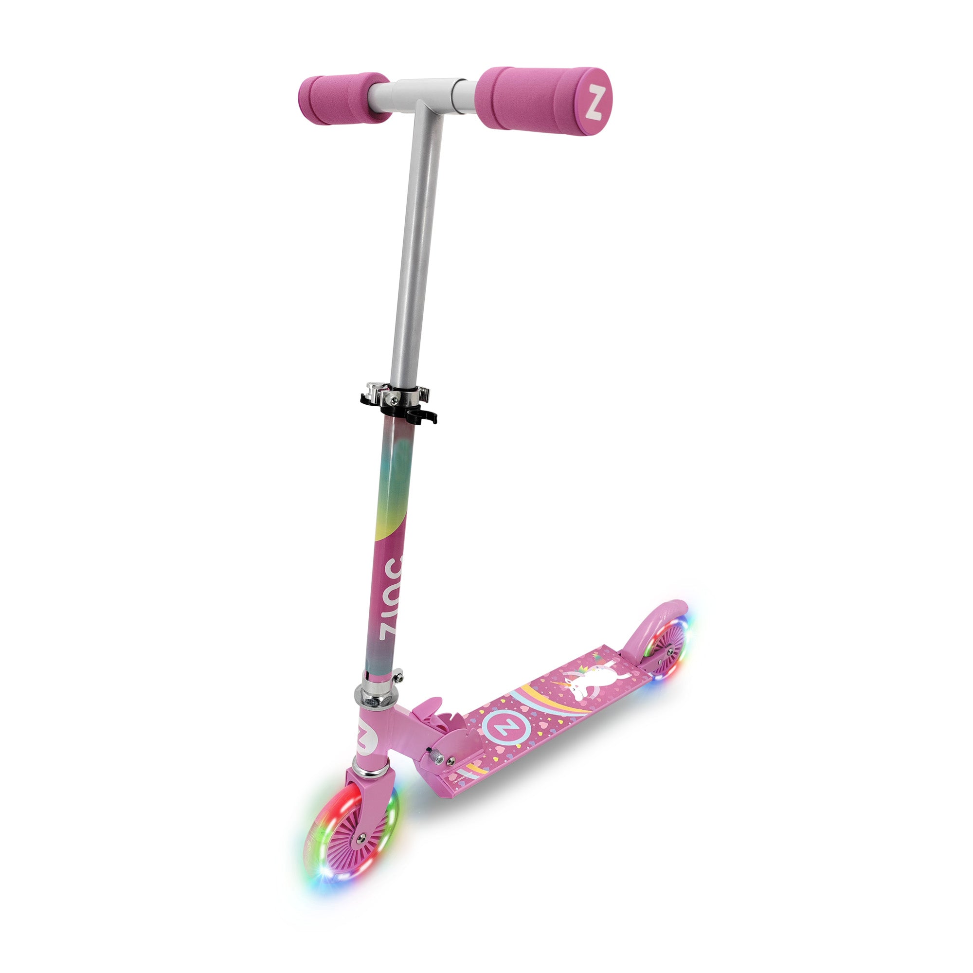 Zinc Unicorn Folding Two Wheeled Scooter with Light Up Wheels - Pink and Purple Design for Kids 3+ Years