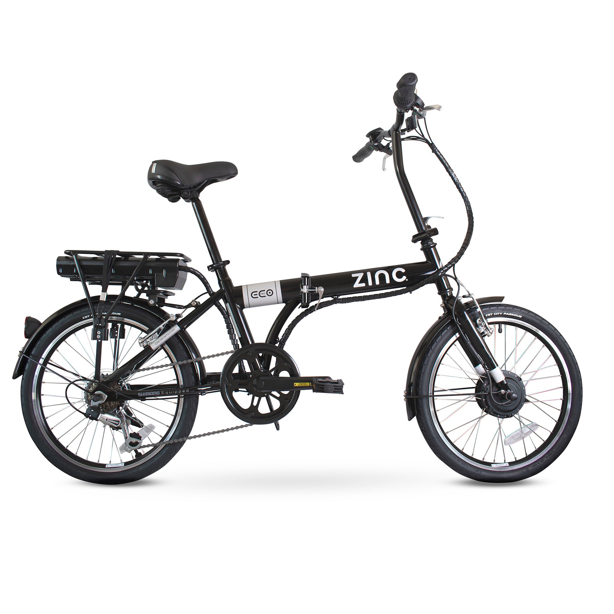 Electric folding bike featuring front hub motor, removable battery, and adjustable padded seat for comfort