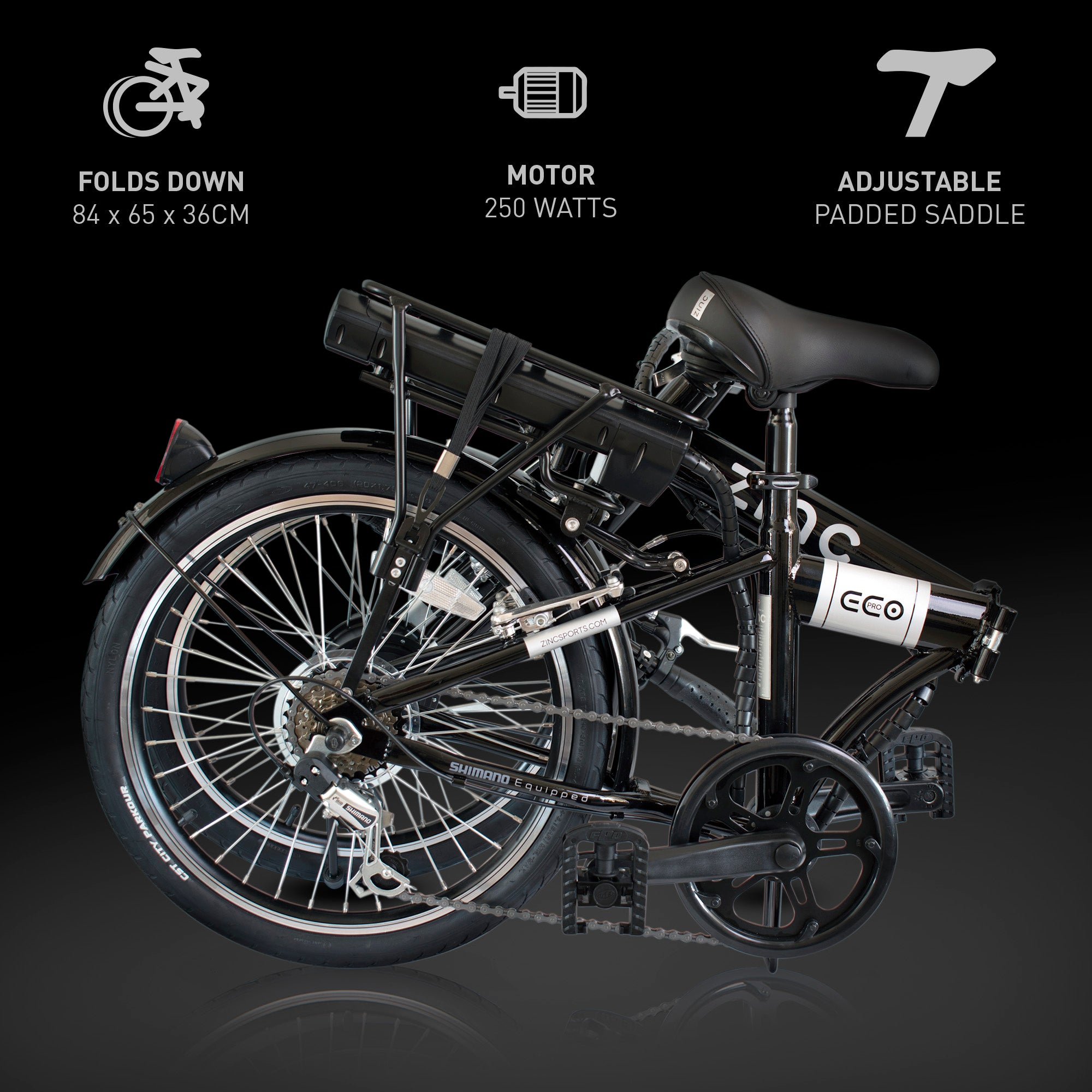 Compact folding electric bike in storage position, dimensions 65x36x84cm for easy transport and storage