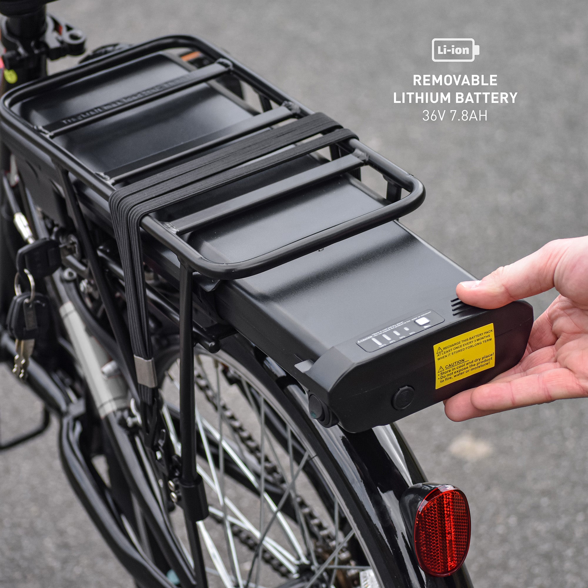 Removable lockable 36V 7.8Ah lithium-ion battery with 4.5-hour charging and walking mode feature