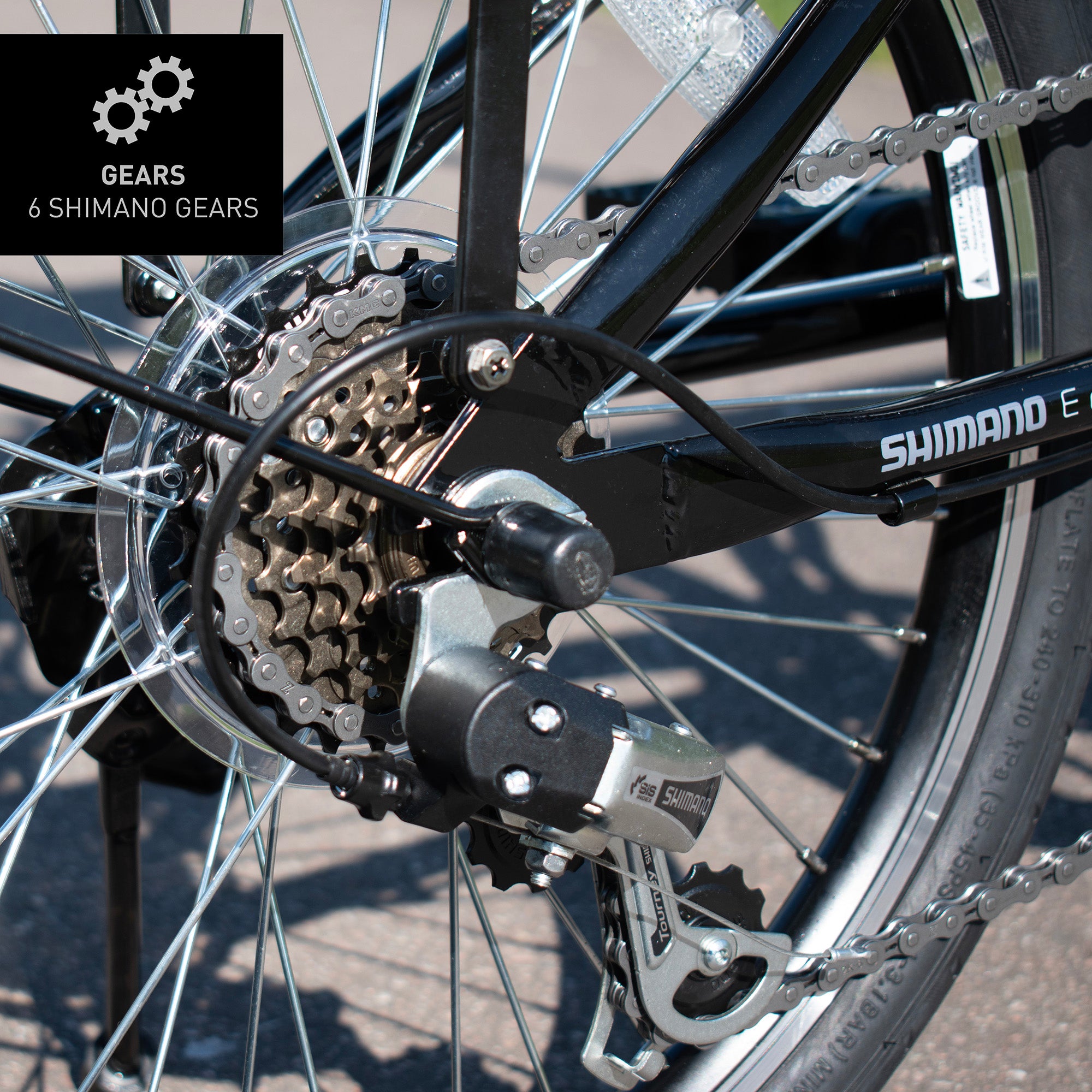 6-speed Shimano gear system on electric bike for tackling different inclines and terrains easily