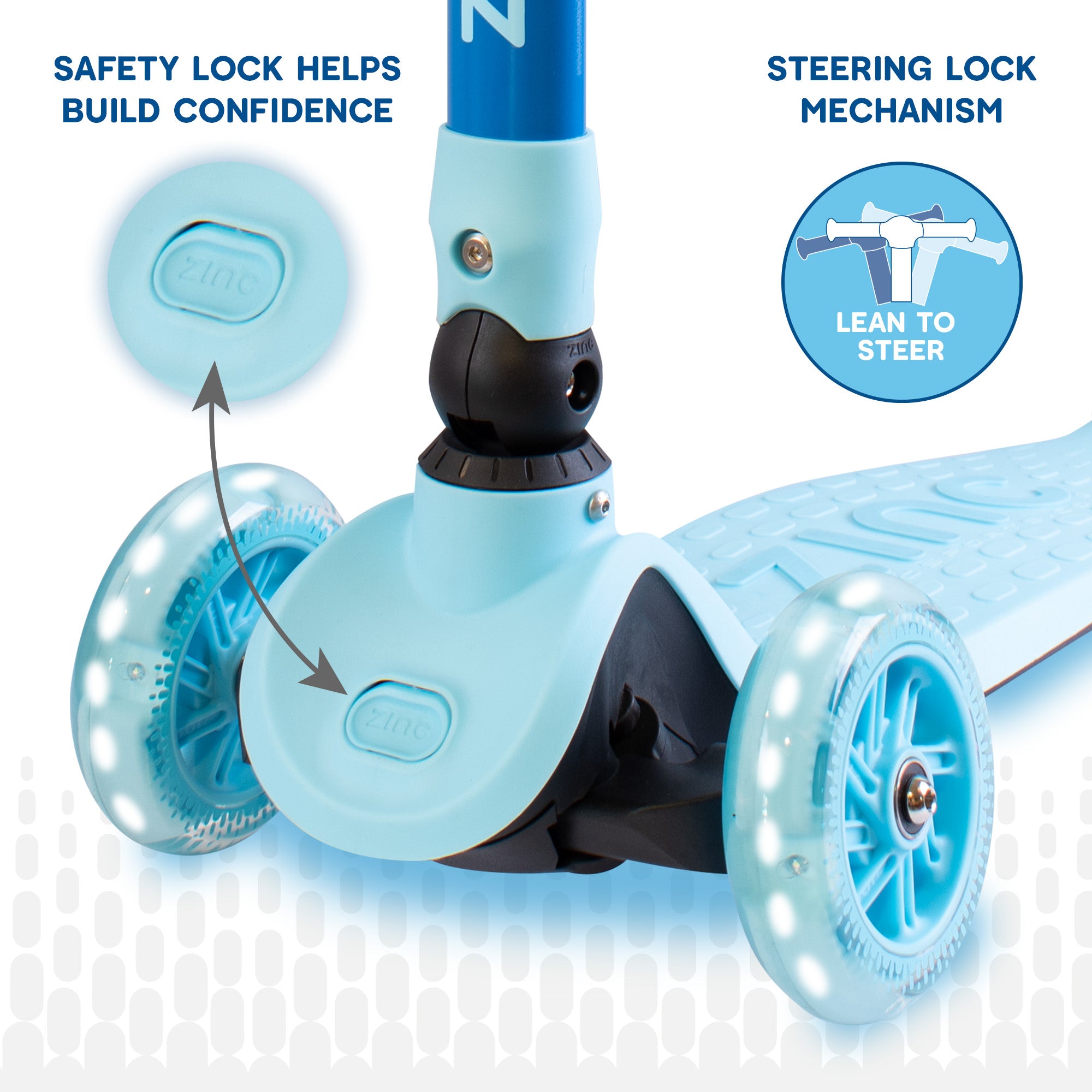 Close-up of blue Zinc Flyte scooter safety button mechanism