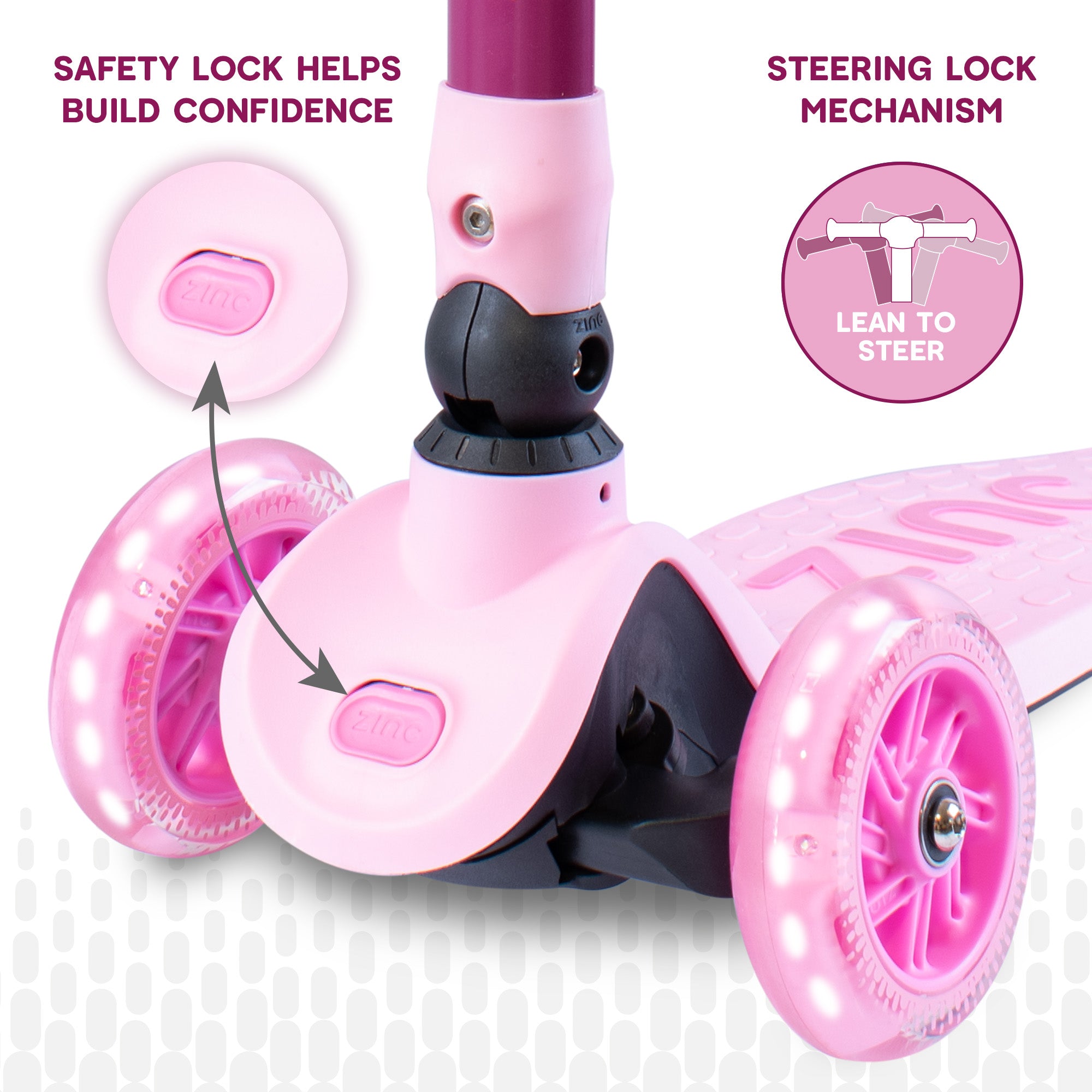 Close-up of blue Zinc Flyte scooter safety button mechanism pink