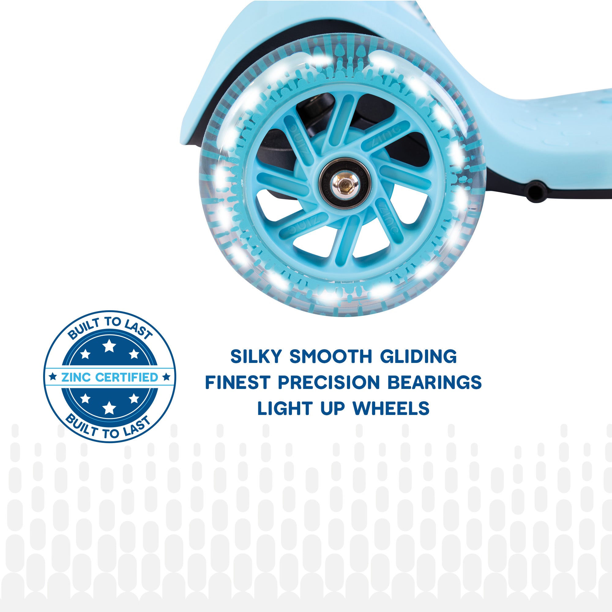 Close-up of blue Zinc Flyte scooter wheel and bearing system