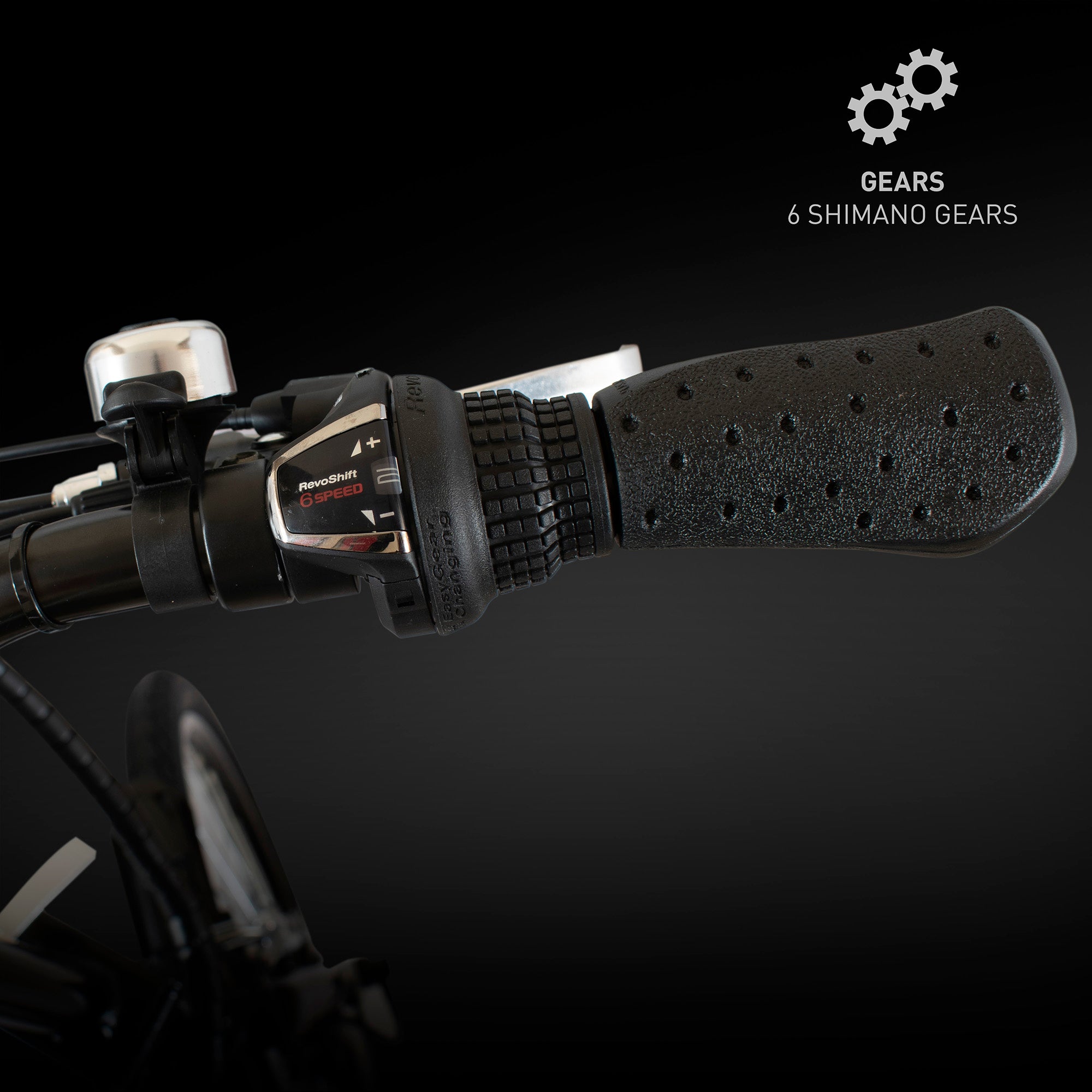 Shimano gear shifter on electric bike handlebar for smooth gear changes and versatile riding