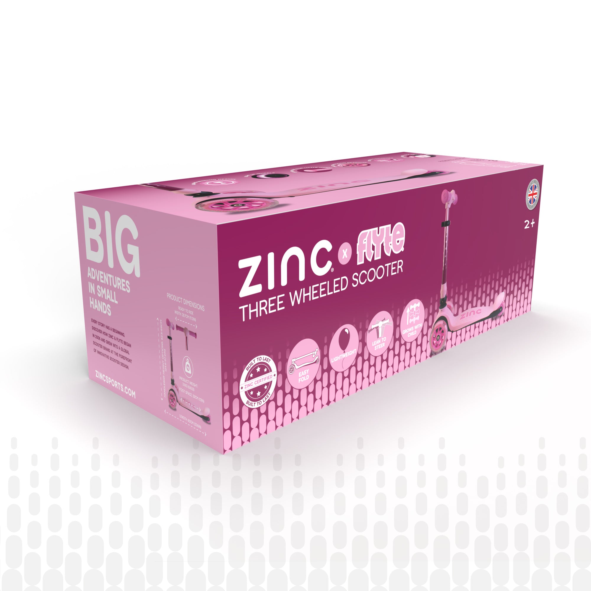 Pink Zinc Flyte scooter product packaging and box