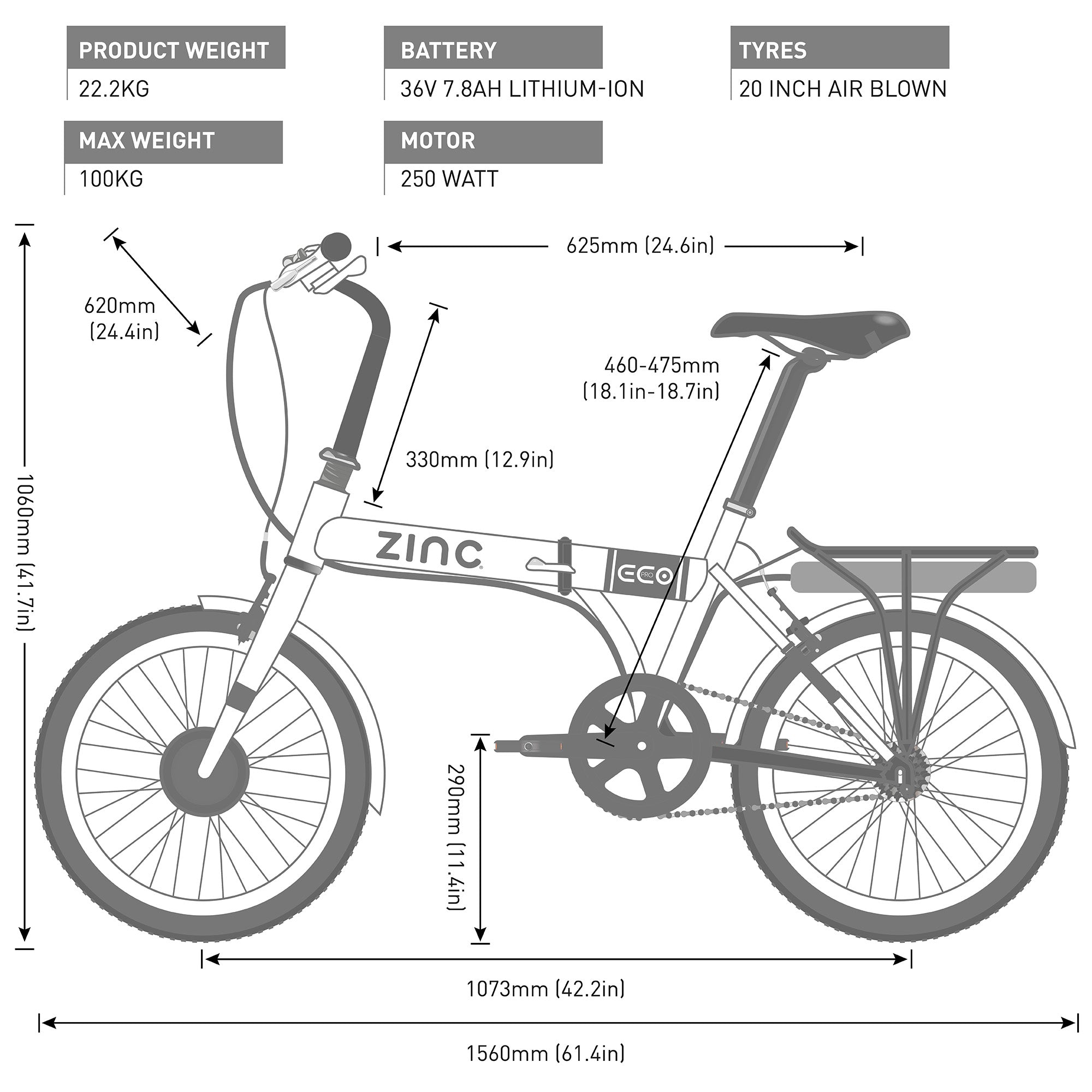 Zinc Folding Electric Eco Pro Bike with 36V battery and 20 inch tyres