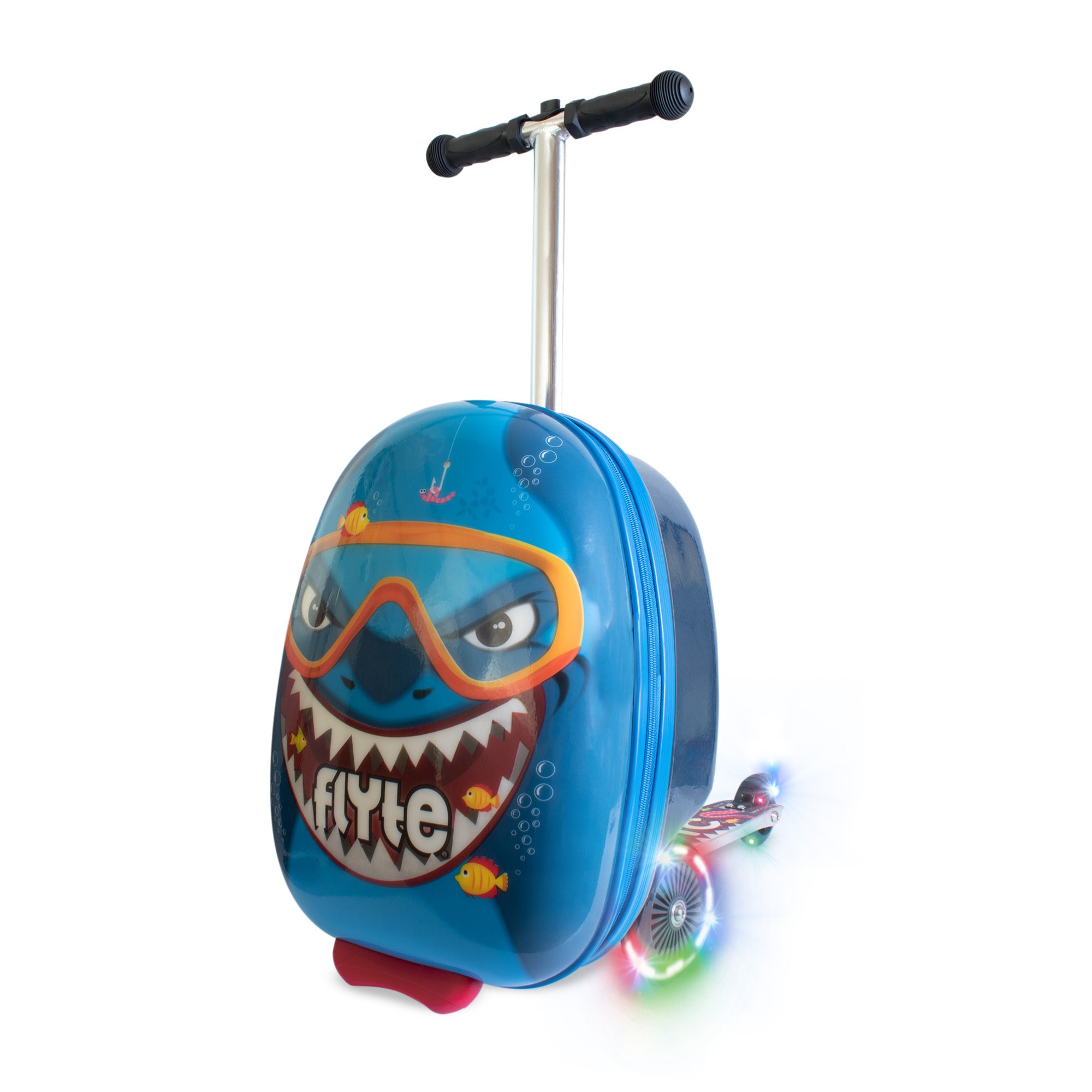 A blue children's wheeled suitcase-trike with a shark face graphic on the front, a black handlebar, and multicolor LED lights on the wheels, shown on a white background.
