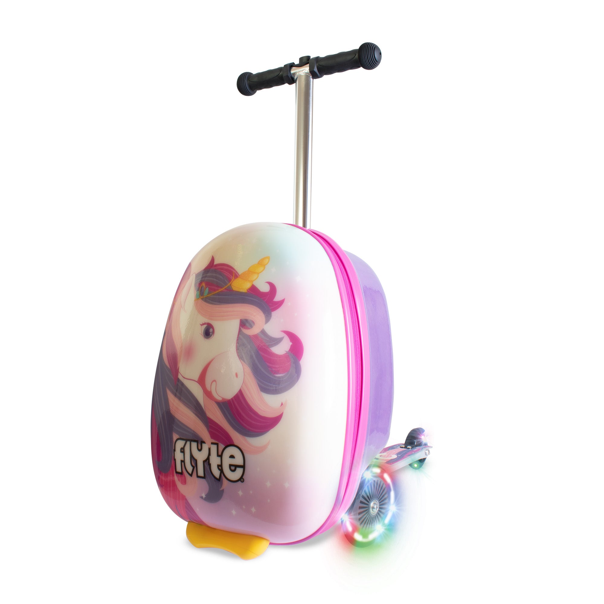 Children's suitcase with unicorn design and colorful wheels on a white background