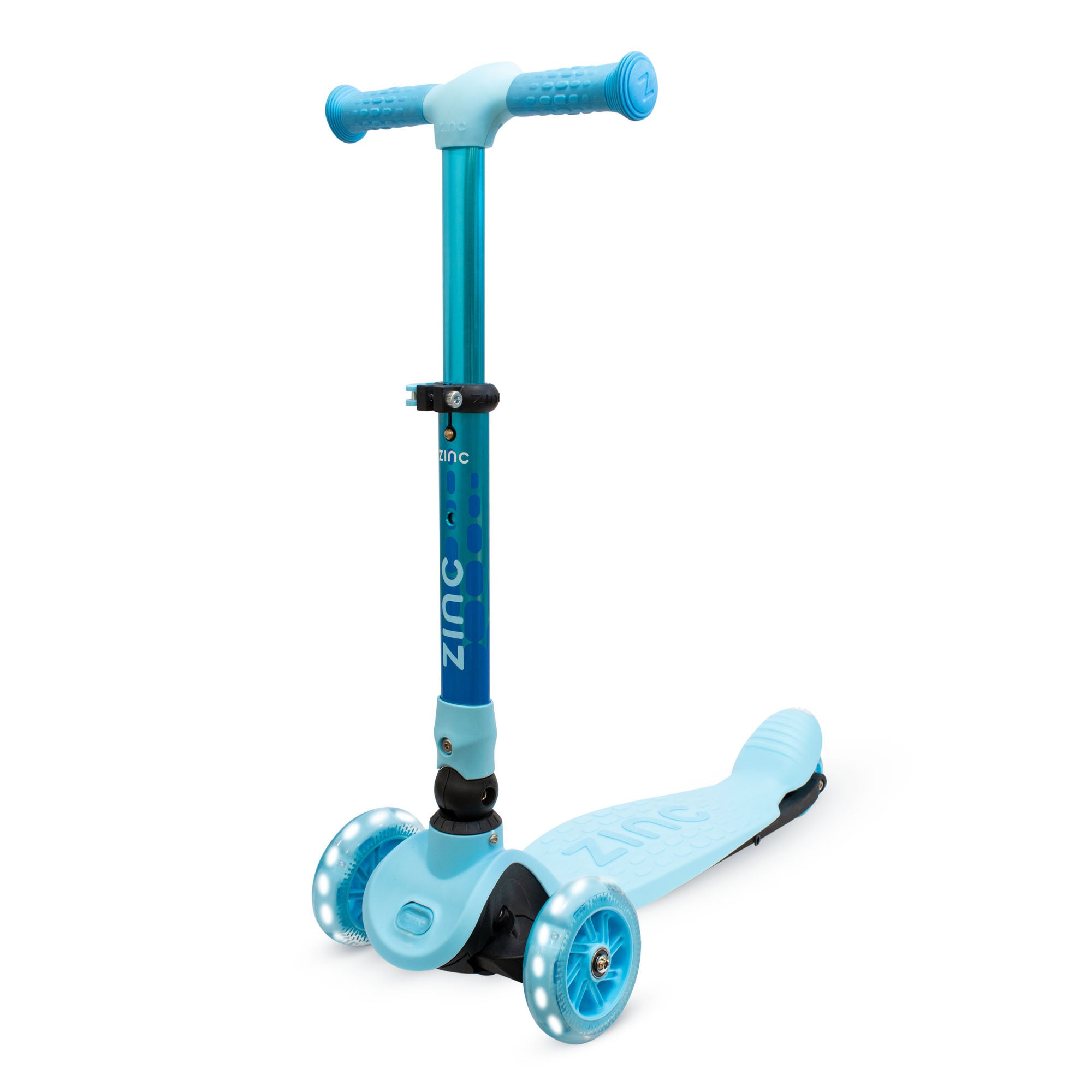 Zinc Flyte three-wheeled folding scooter in blue, front view with extended handlebars
