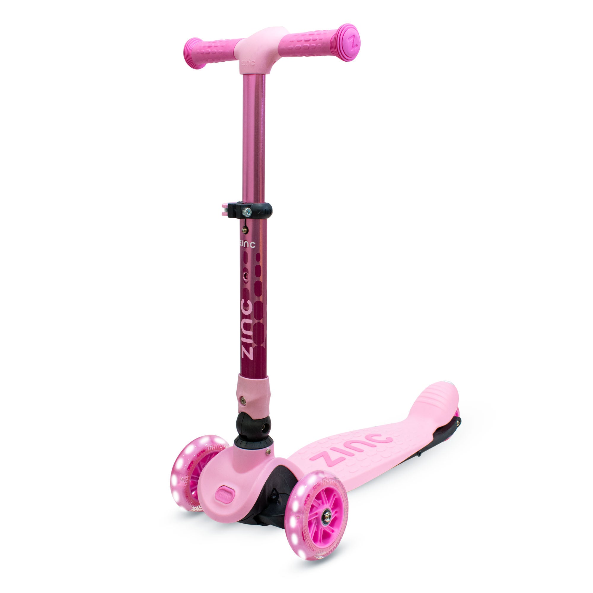 Zinc Flyte three-wheeled folding scooter in pink, front view with extended handlebars
