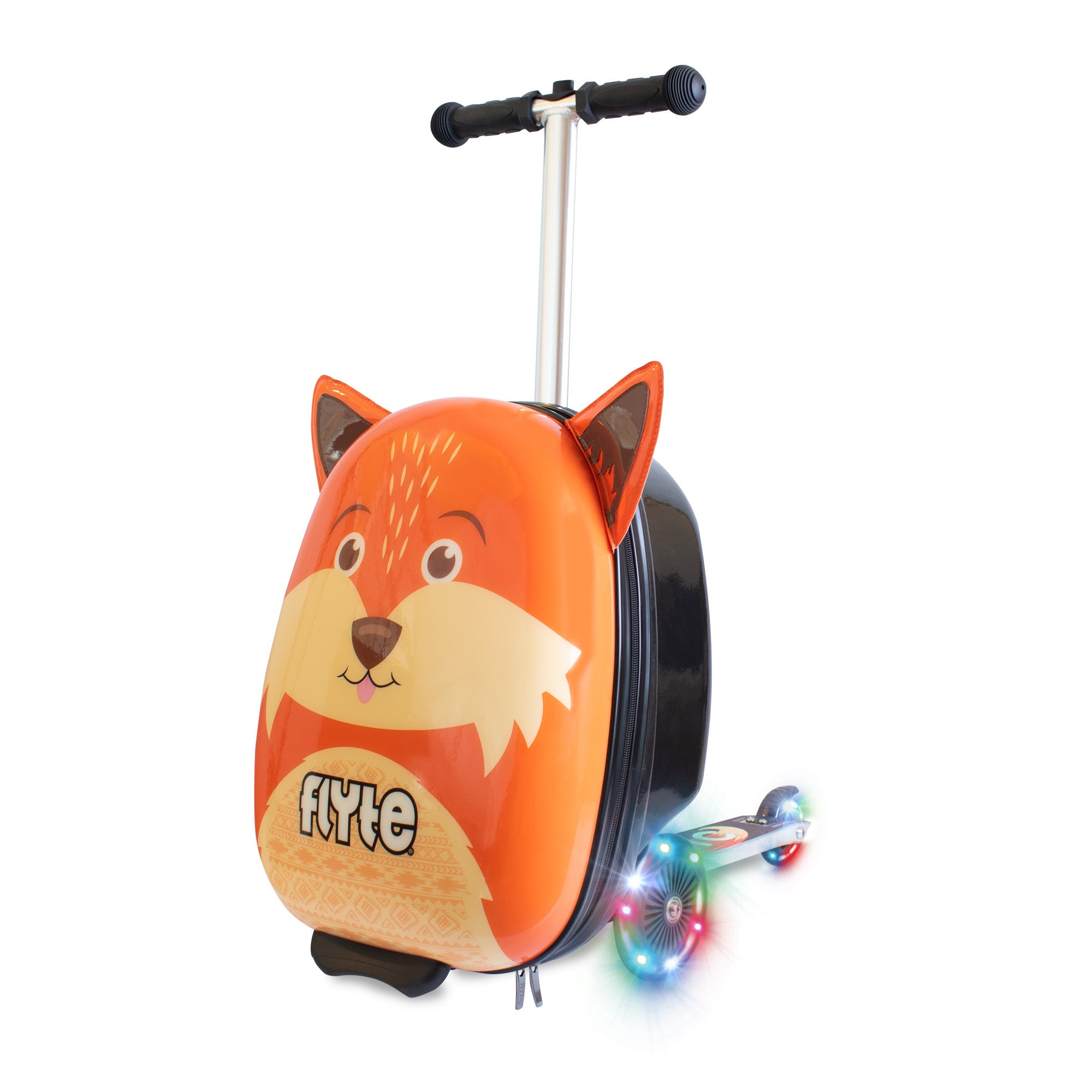 Flyte Midi Frazer the Fox scooter suitcase 18 inch with orange fox design and colourful wheels