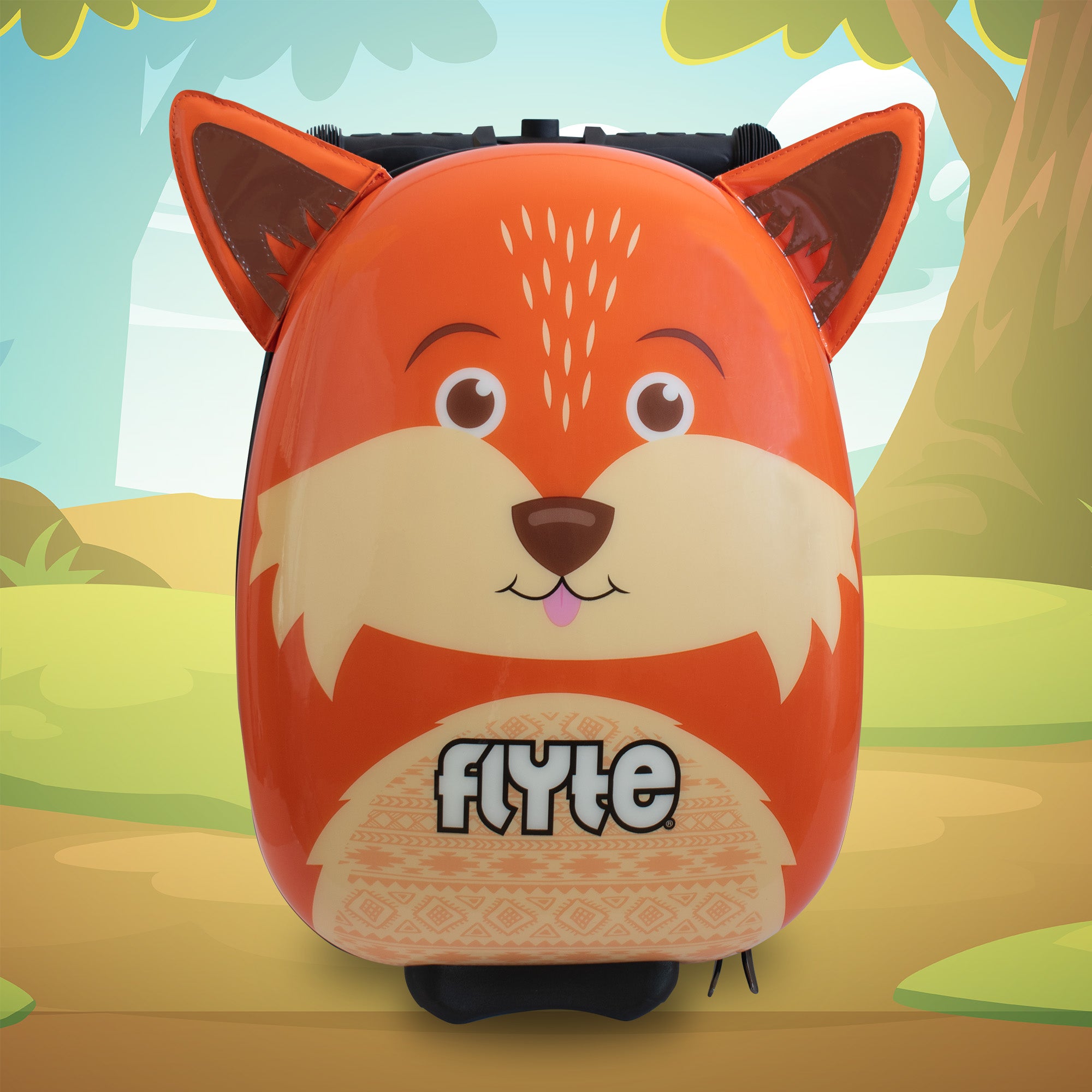Frazer the Fox scooter suitcase front view showing clever fox character and woodland adventure graphics