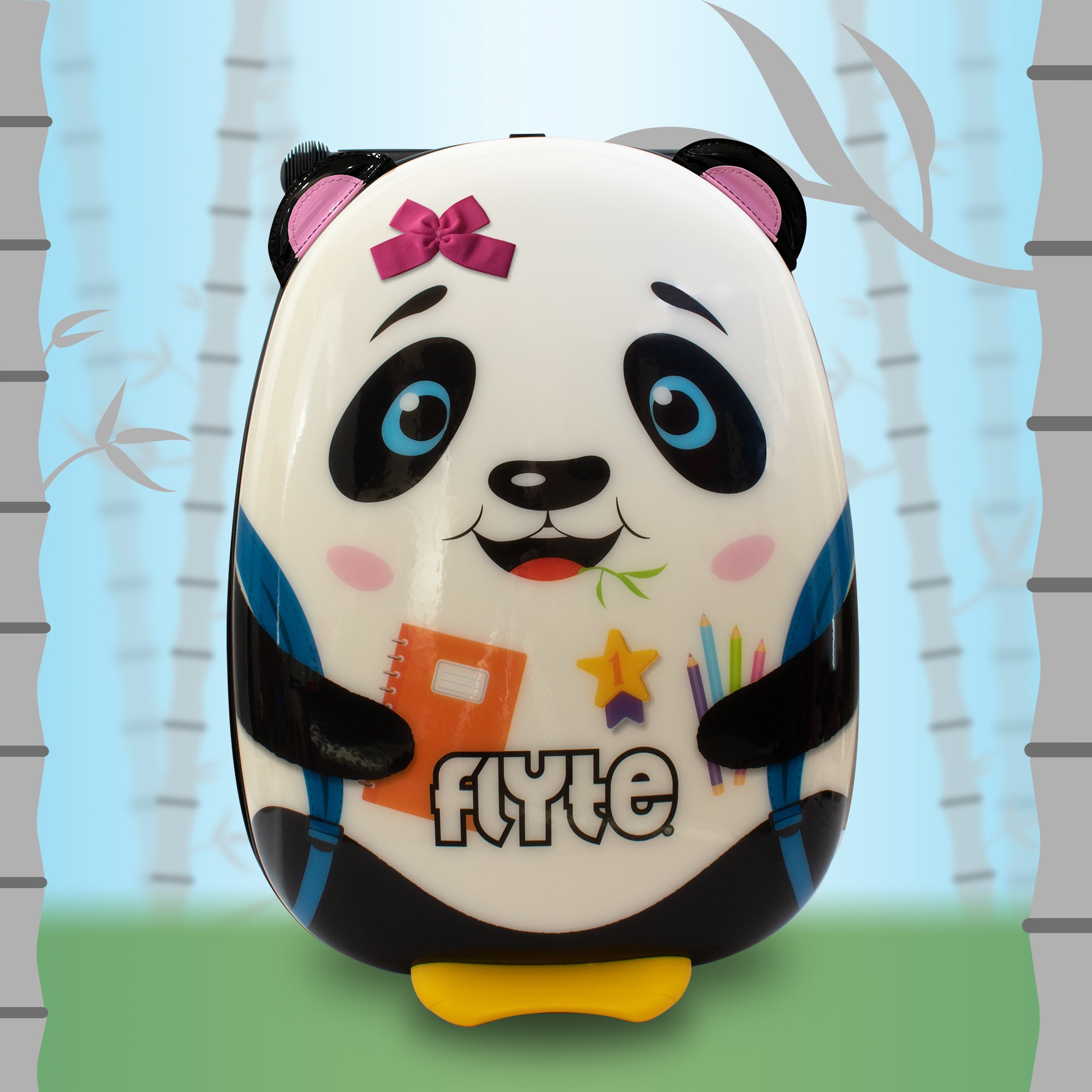 Penni the Panda scooter suitcase front view showing adorable panda character and bamboo-themed graphics