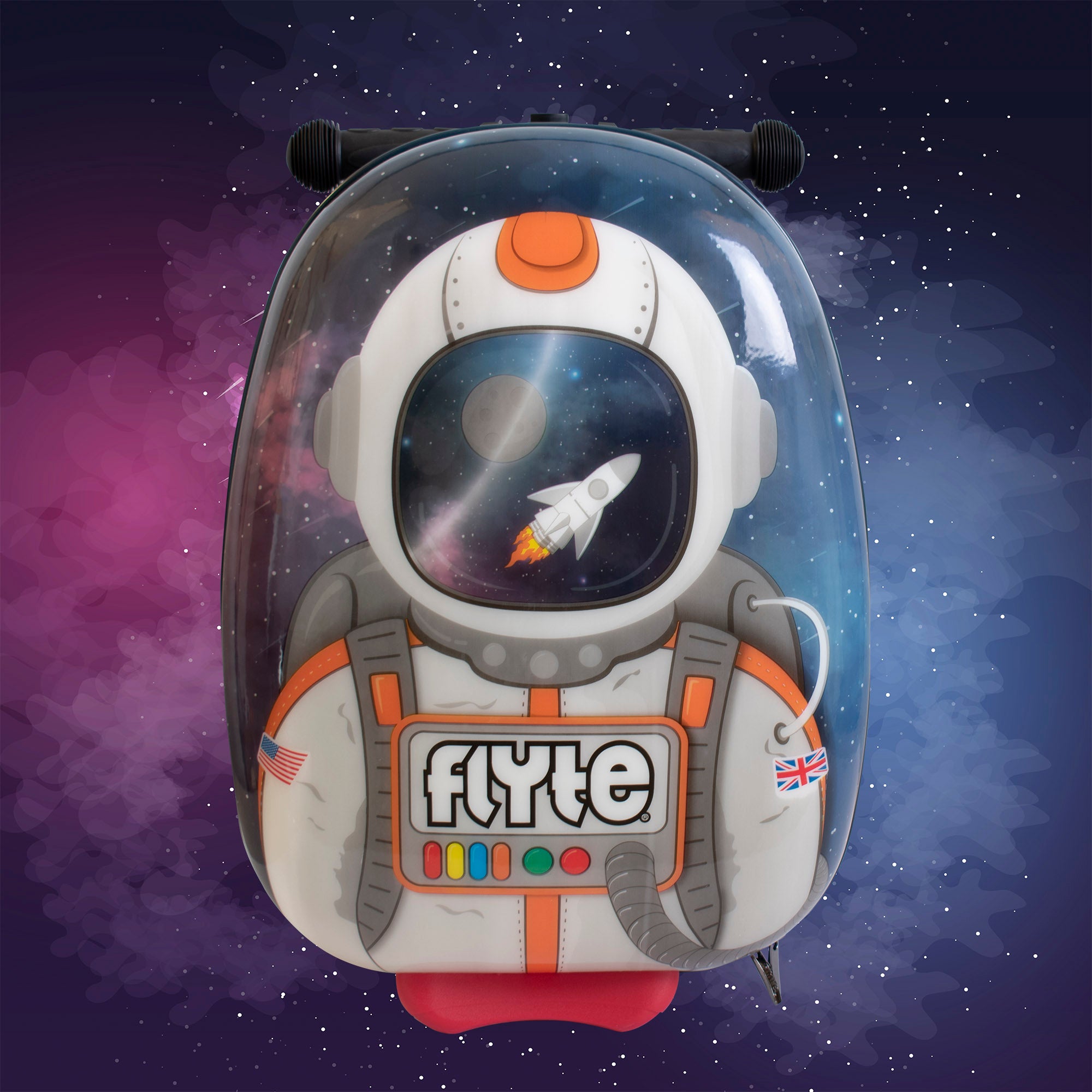 Sammie the Spaceman scooter suitcase front view showing astronaut character and space adventure graphics