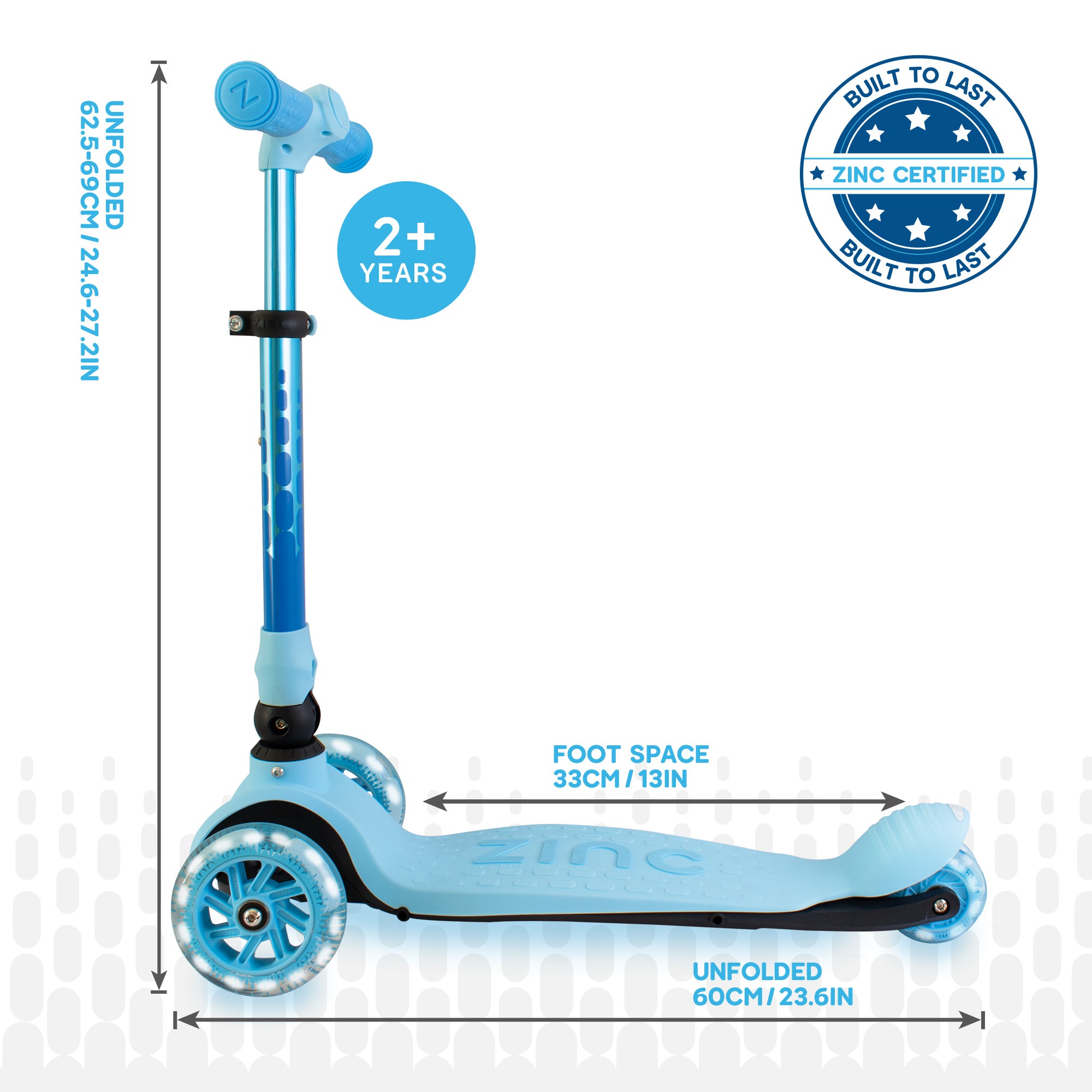 Blue Zinc Flyte three-wheeled scooter side profile view