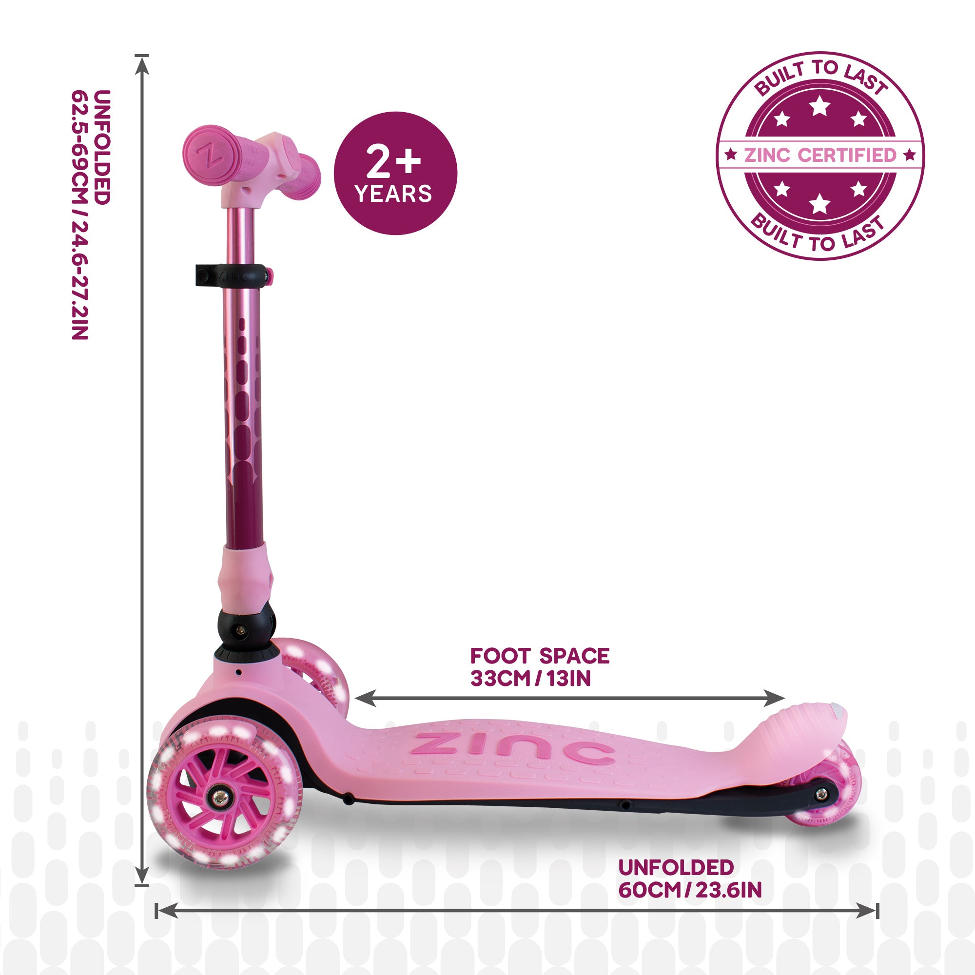 Pink Zinc Flyte three-wheeled scooter side profile view