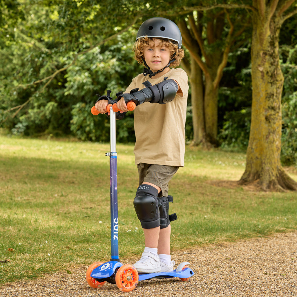 Close-up of three-wheel configuration on Zinc Explorer spaceman scooter
