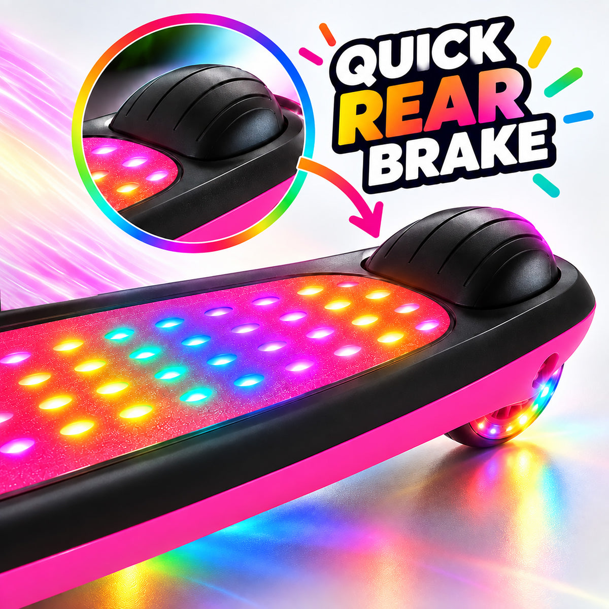 A pink and black 3 wheel scooter with glowing multicolour LED lights on the deck and wheel, shown on a white background with promotional text reading 'QUICK REAR BRAKE' and a circular inset highlighting the brake area.