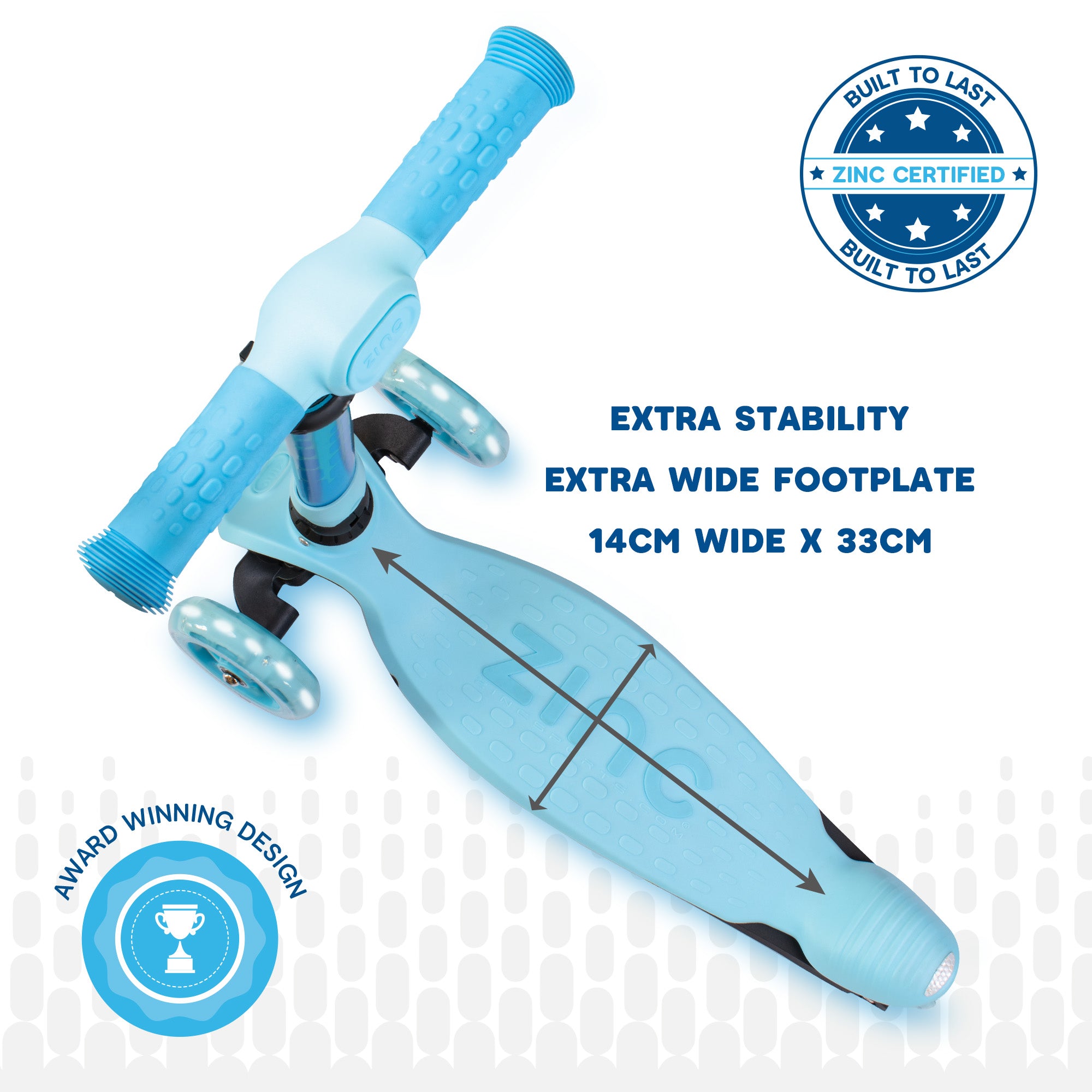 Overhead view of blue Zinc Flyte scooter showing deck and wheel configuration