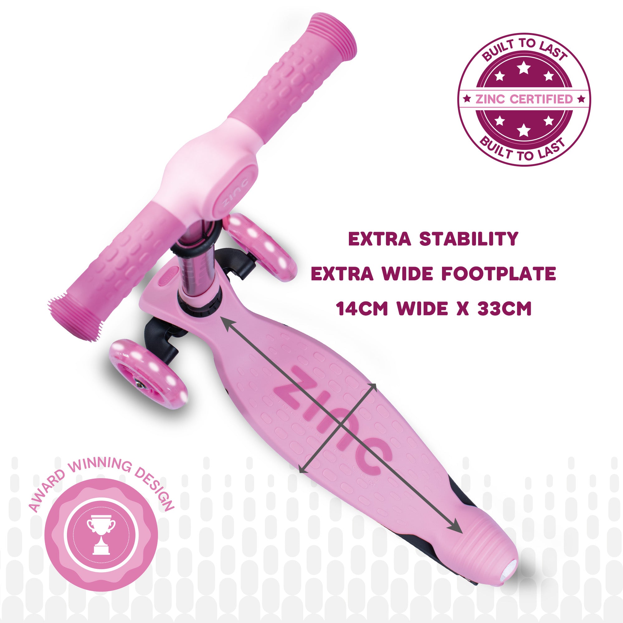 Overhead view of pink Zinc Flyte scooter showing deck and wheel configuration