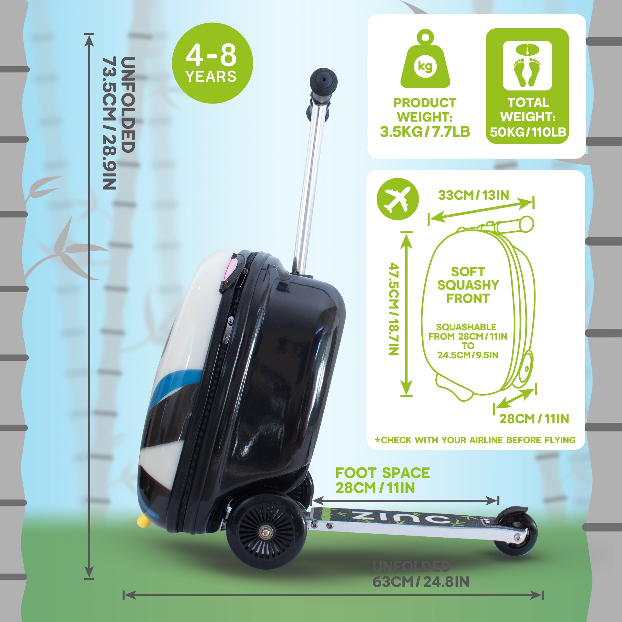 Penni the Panda scooter suitcase side profile in riding position showing lean-and-steer functionality