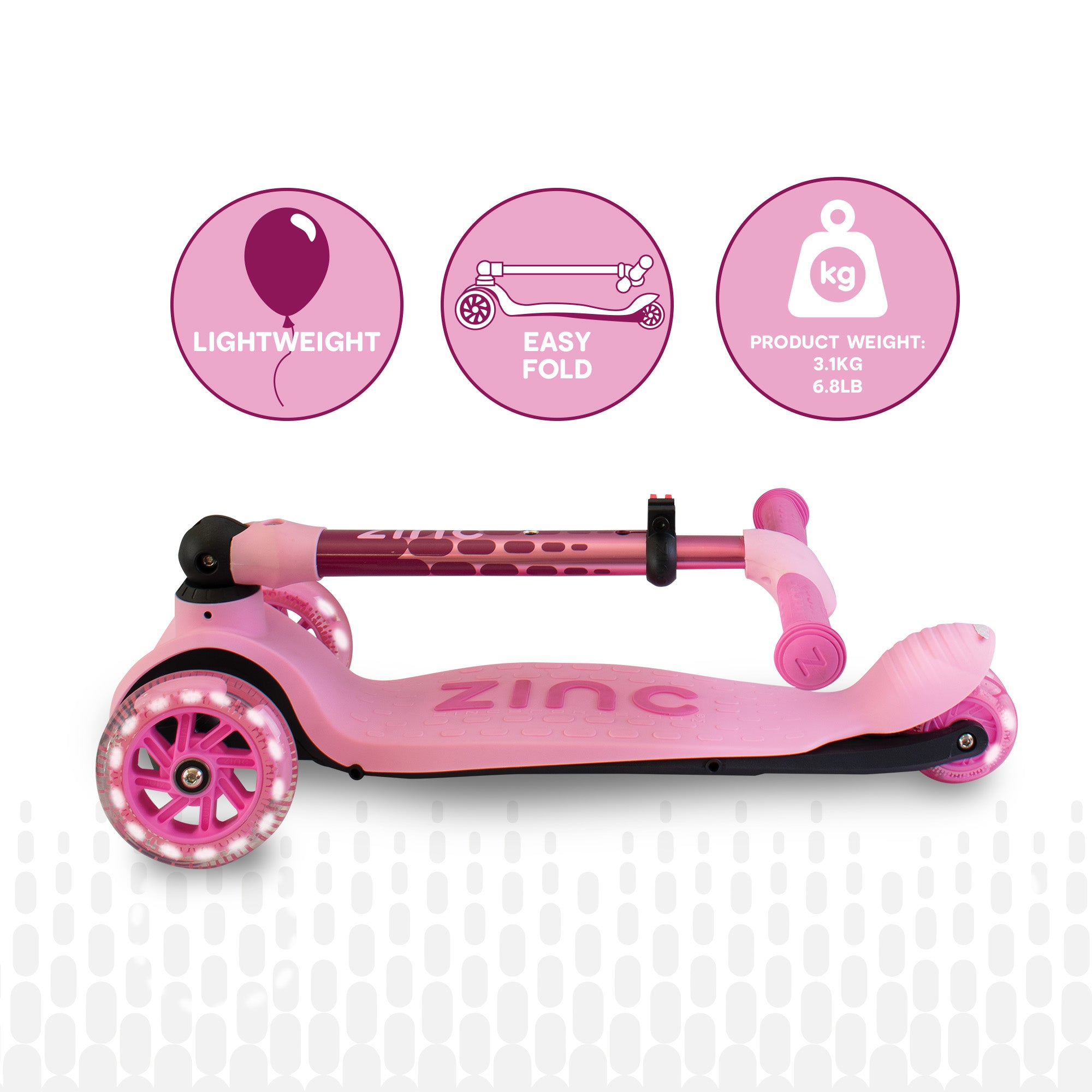 Pink Zinc Flyte scooter in folded position for easy storage and transport