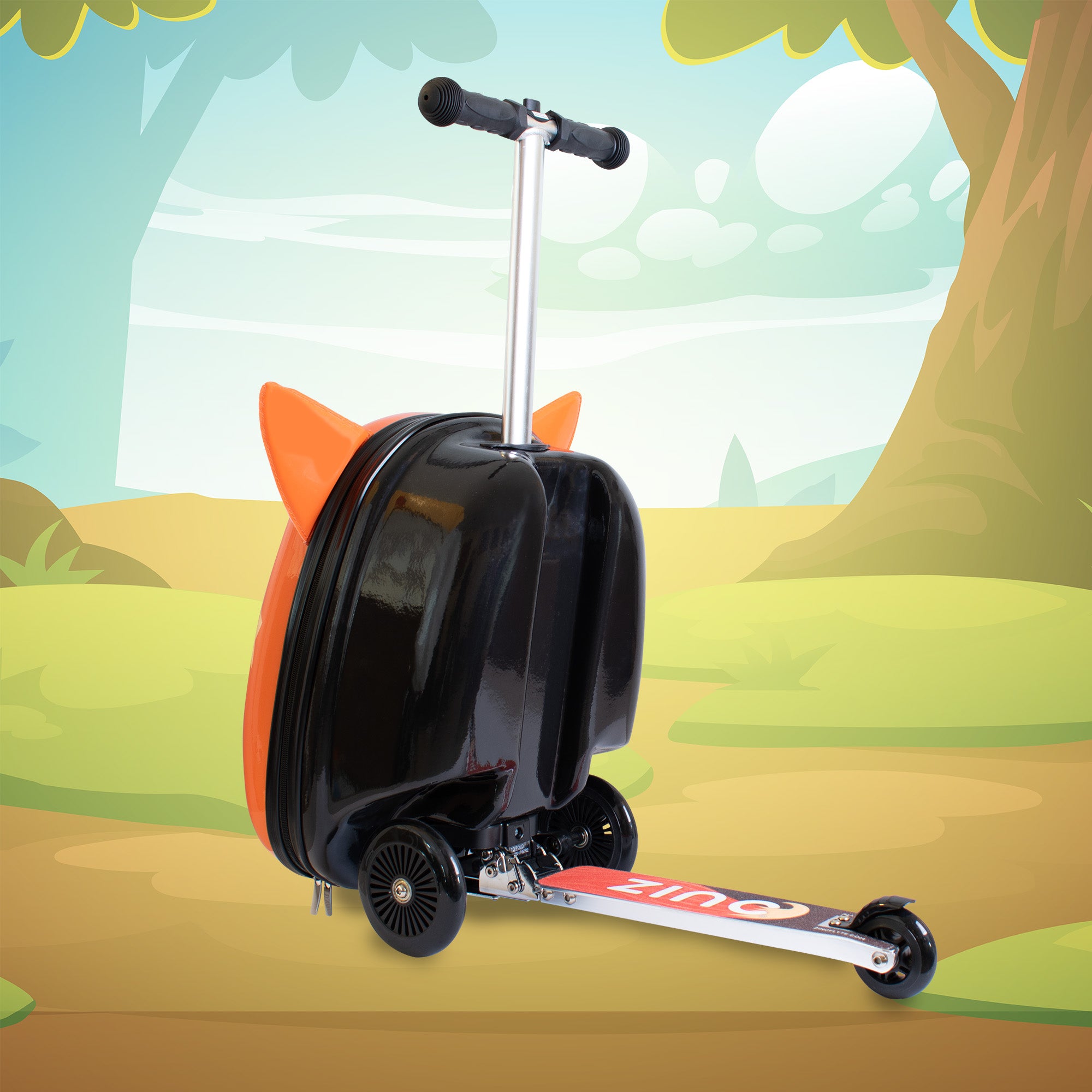 Frazer Fox scooter suitcase rear view in riding mode showing extended deck and fox-themed design