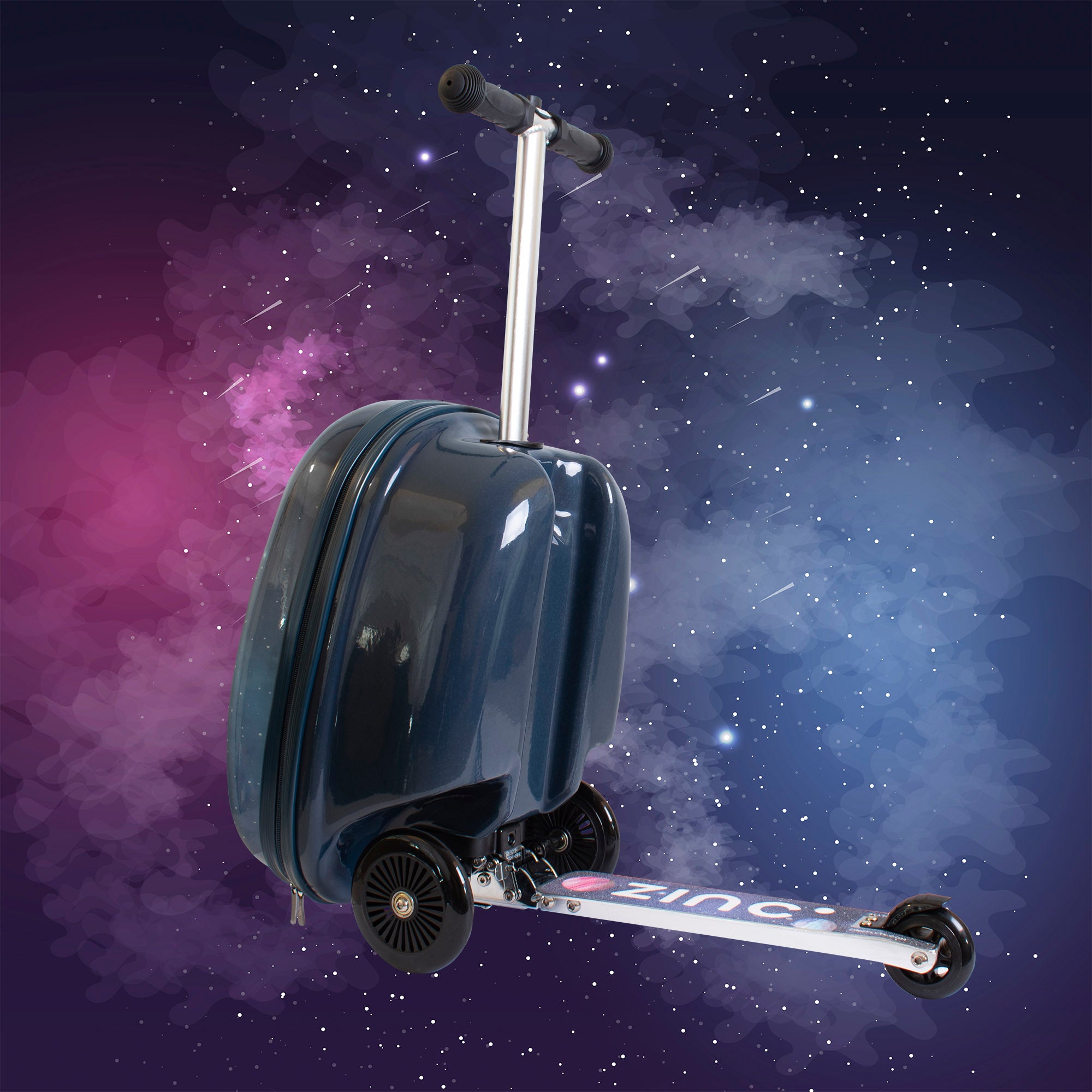 Sammie Spaceman scooter suitcase rear view in riding mode showing extended deck and space-themed design