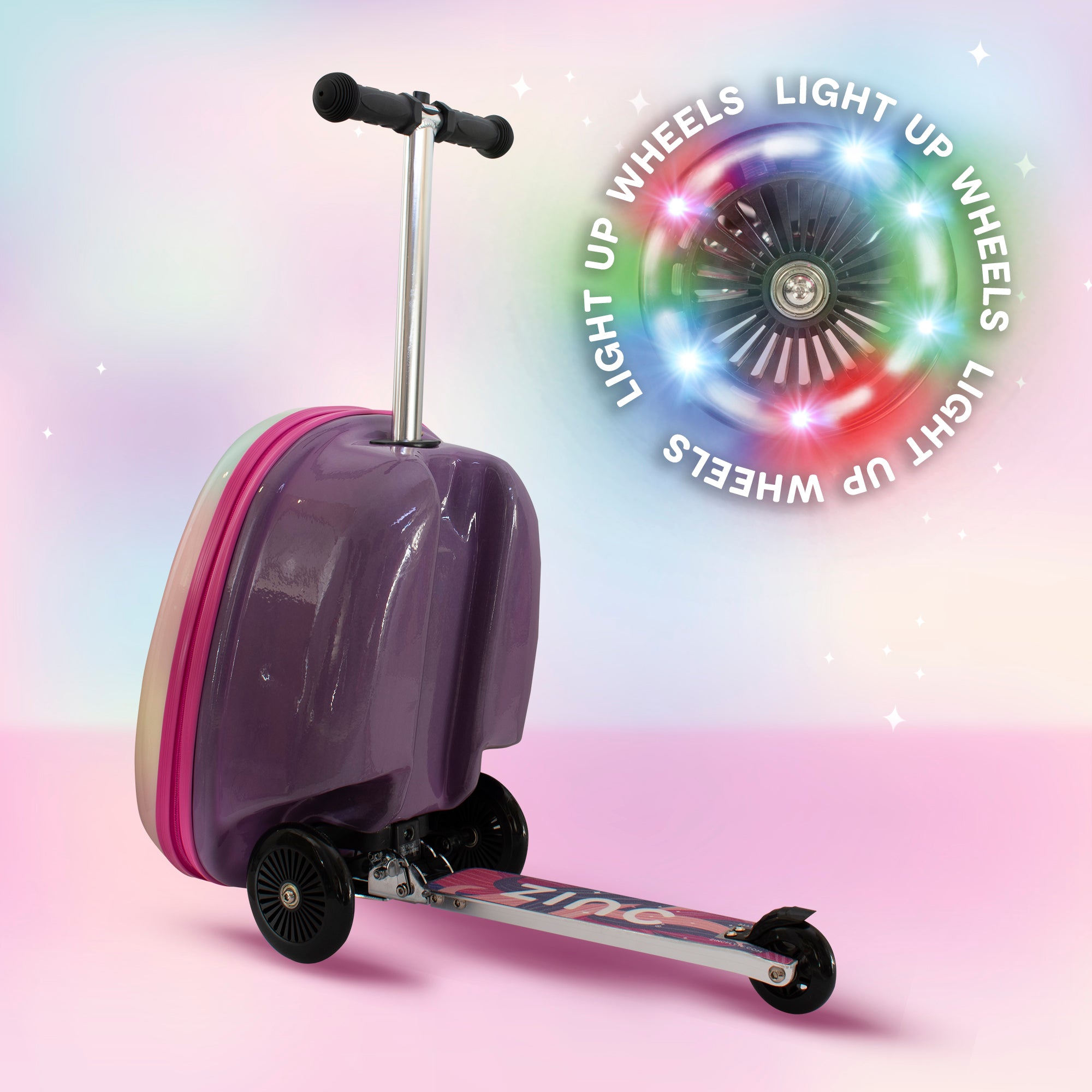 Purple scooter with light-up wheels on a pastel background