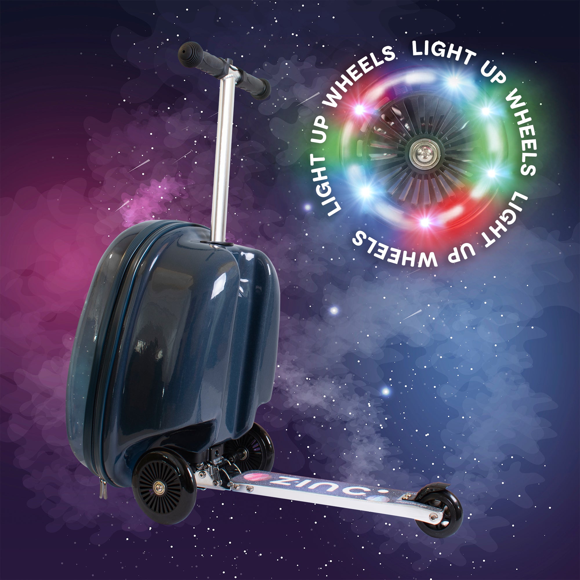 Sammie Spaceman scooter suitcase transformed into ride-on scooter with LED light-up wheels and space theme