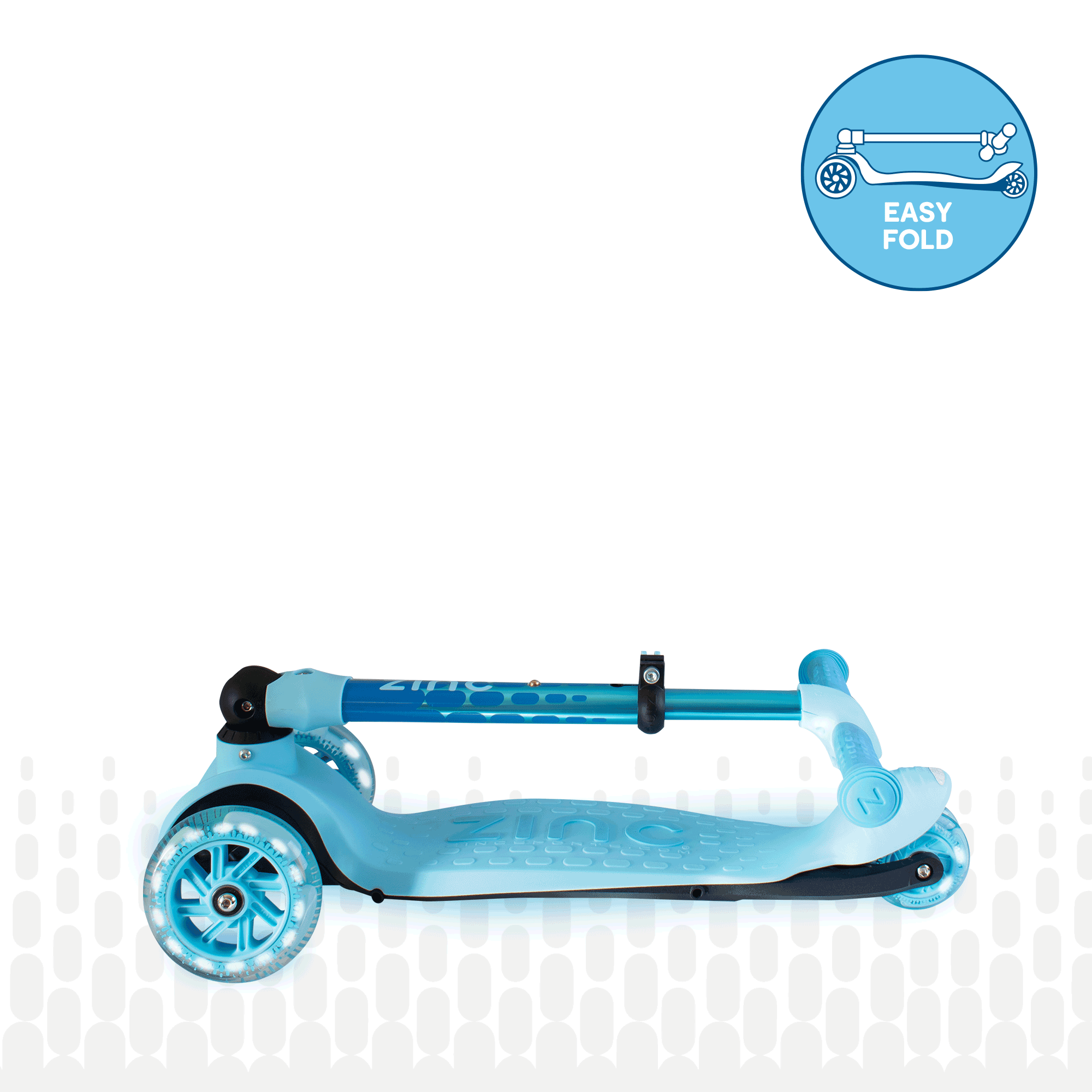 Animated GIF showing blue Zinc Flyte scooter folding mechanism in action