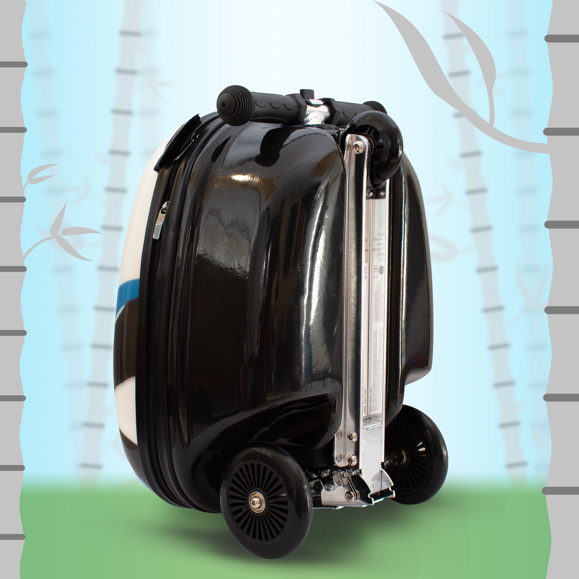 Back panel of Penni the Panda scooter suitcase showcasing compact design