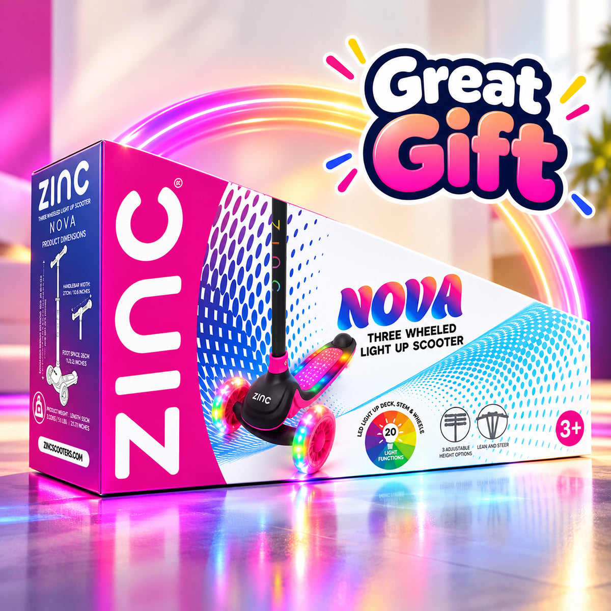 Zinc Nova three-wheeled light-up scooter box packaging shown on a colourful reflective surface with a glowing neon ring background and a large 'Great Gift' promotional badge.