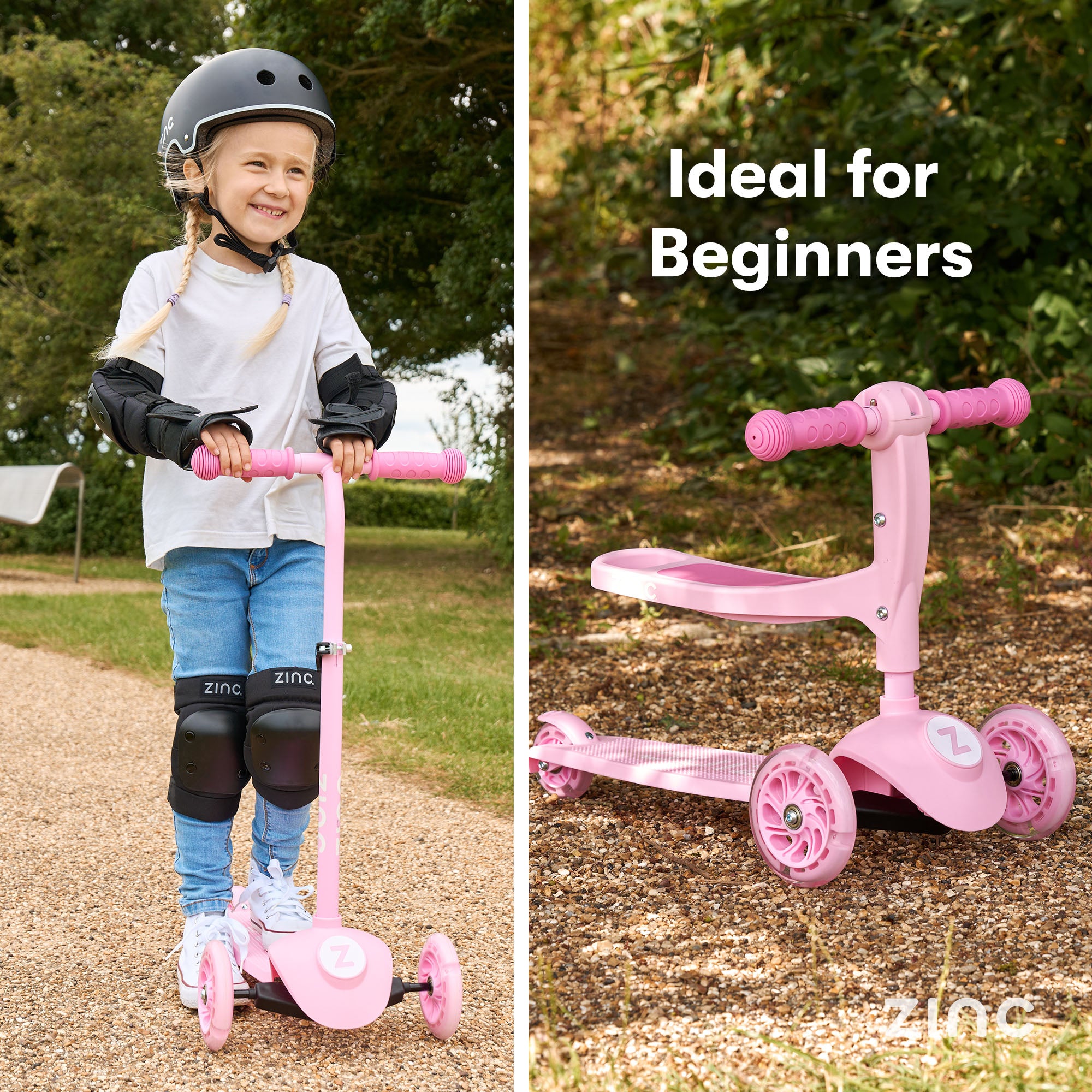 Zinc My First 3-in-1 Kids 3 Wheel Scooter Ride On Pink - detailed view of seat attachment and ride-on mode configuration
