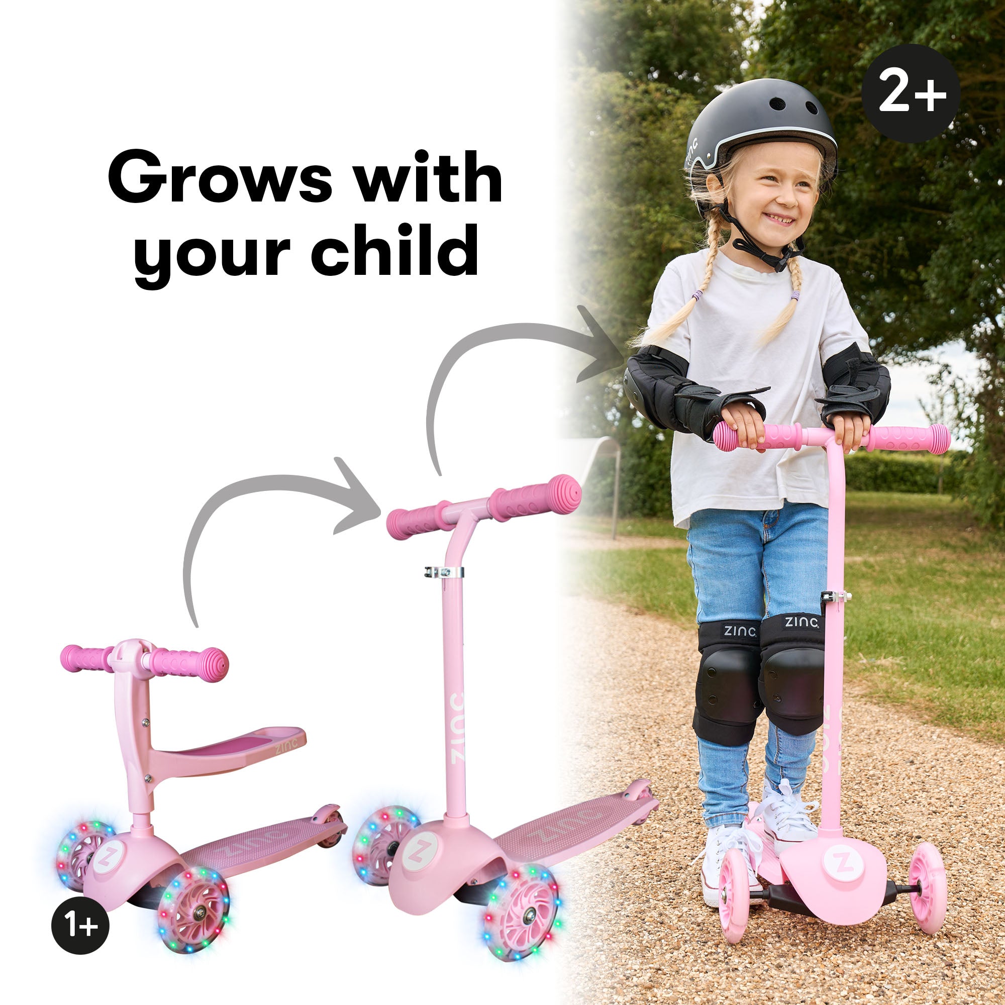 Zinc My First 3-in-1 Kids 3 Wheel Scooter Ride On Pink - side profile displaying three-wheel stability and adjustable features