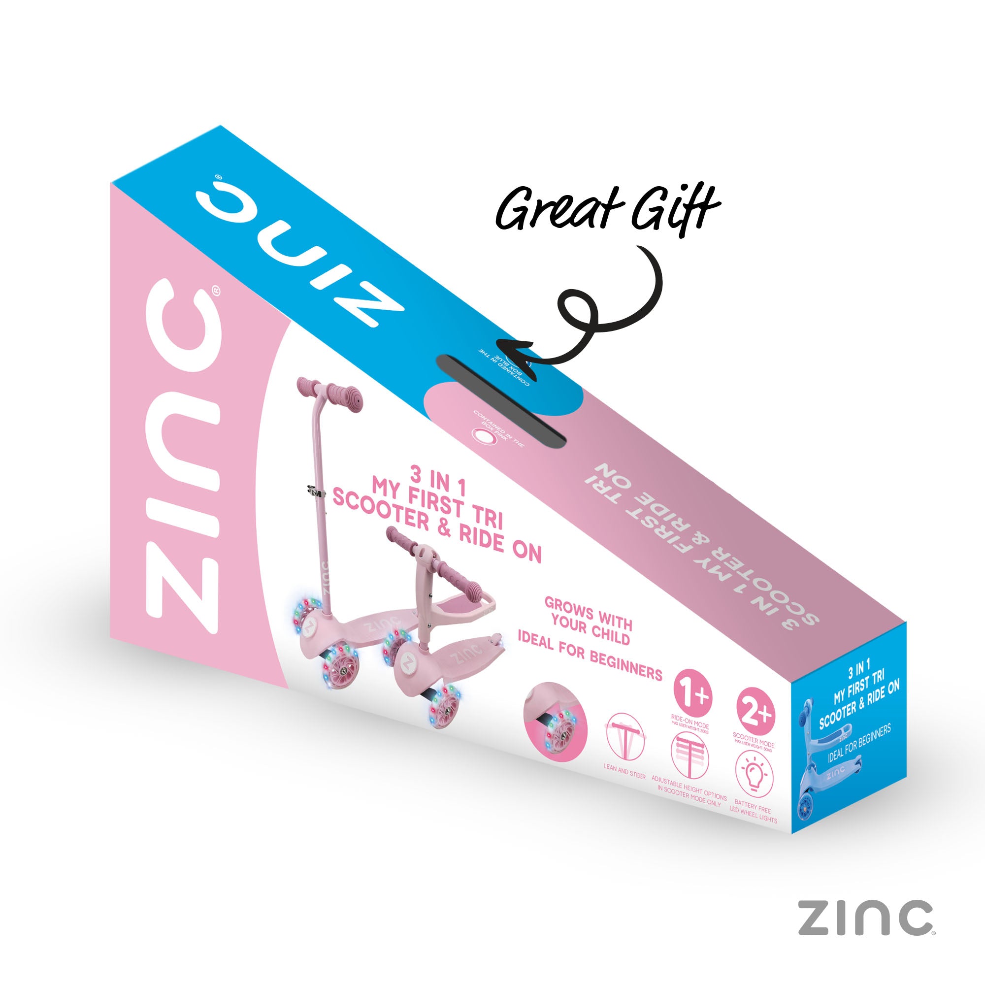 Product packaging for Zinc My First 3-in-1 Kids Scooter displaying box artwork and key features information