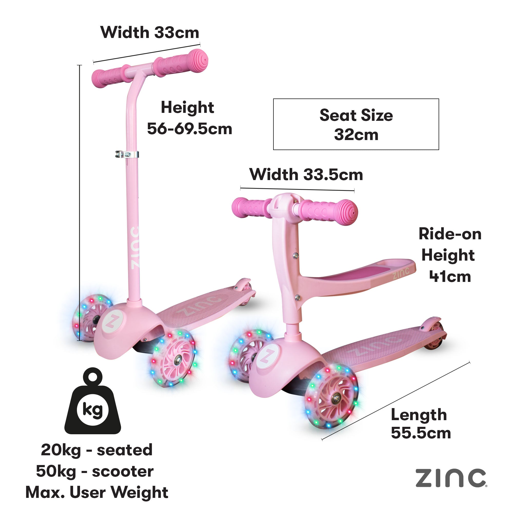 Zinc My First 3-in-1 Kids 3 Wheel Scooter Ride On Pink - angled view highlighting convertible 3-in-1 functionality