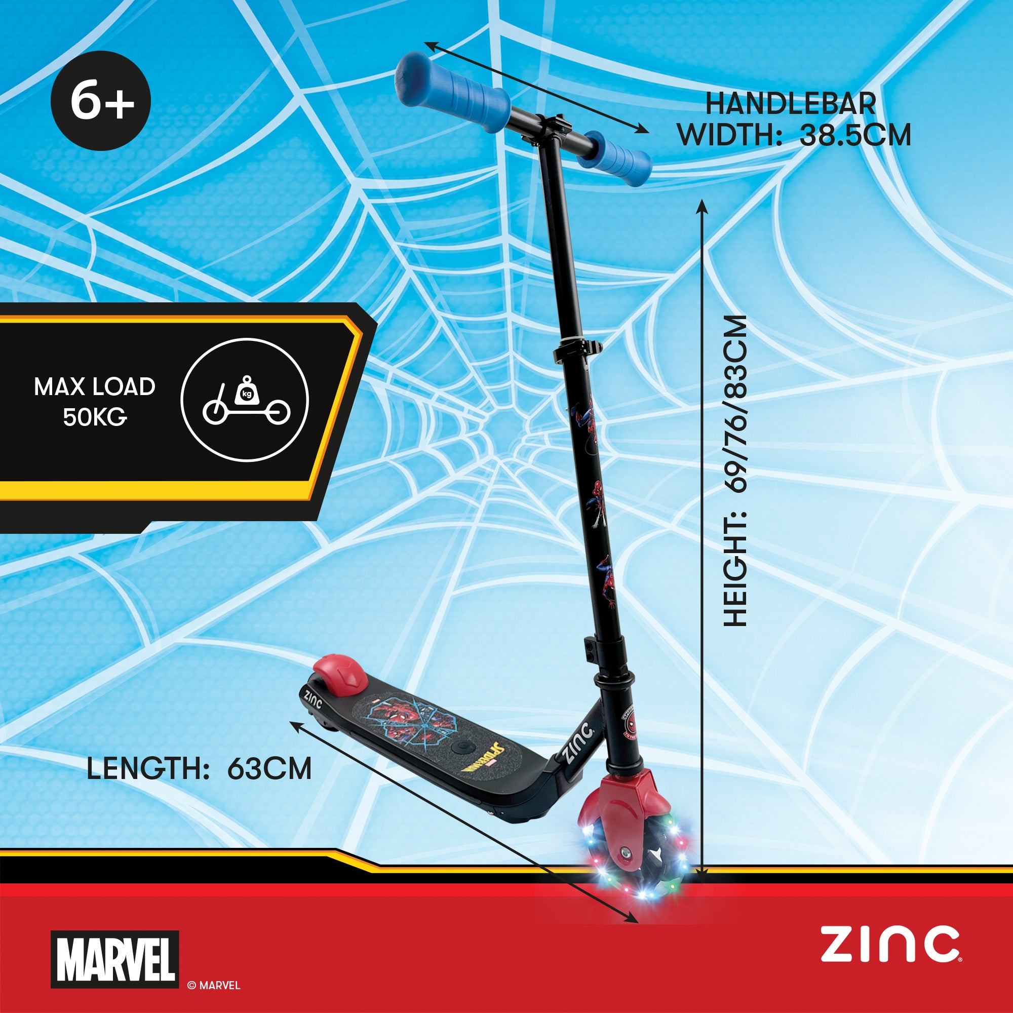 Kids electric scooter featuring Spiderman design, LED wheels, and lightweight 4.2kg frame