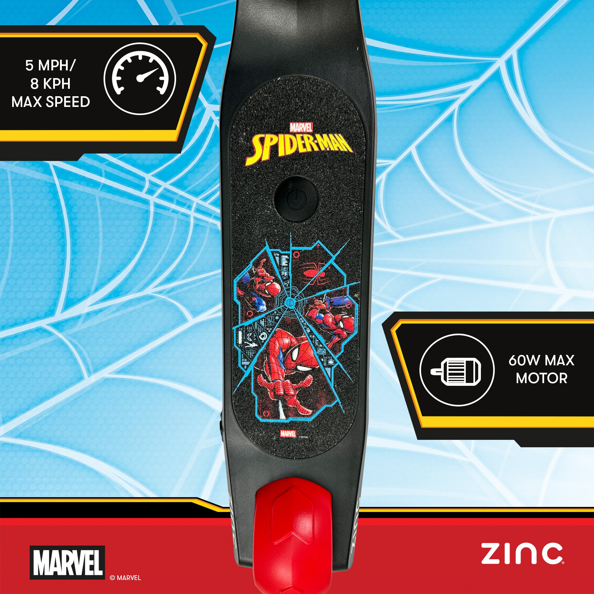 Marvel Spiderman electric scooter for kids with light-up wheels and anti-slip deck by Zinc